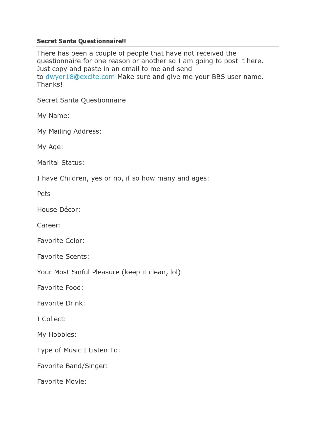 Secret Santa Questionnaire Printable No Alchoal