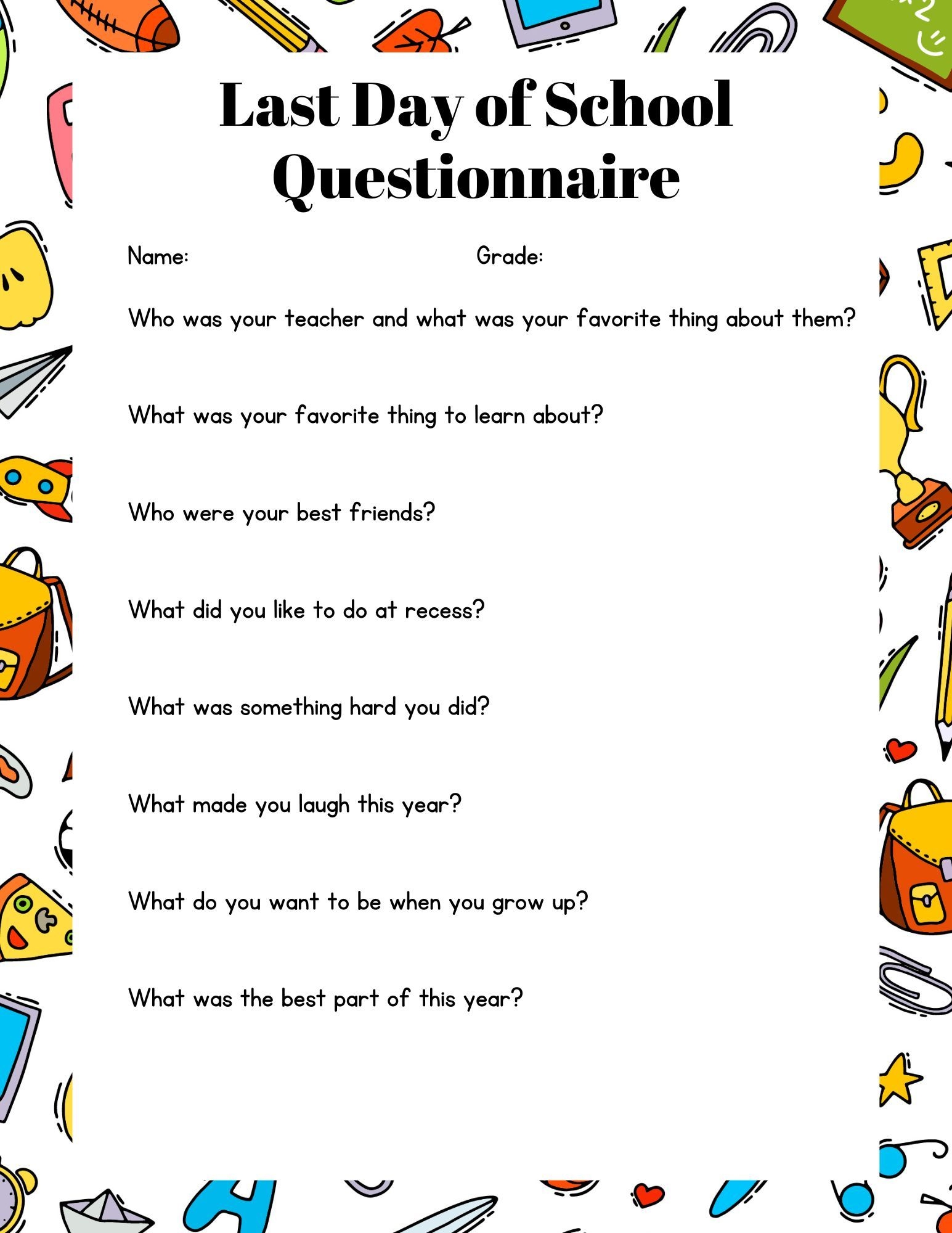 3 Last Day Of School Questionnaire Printables Free 