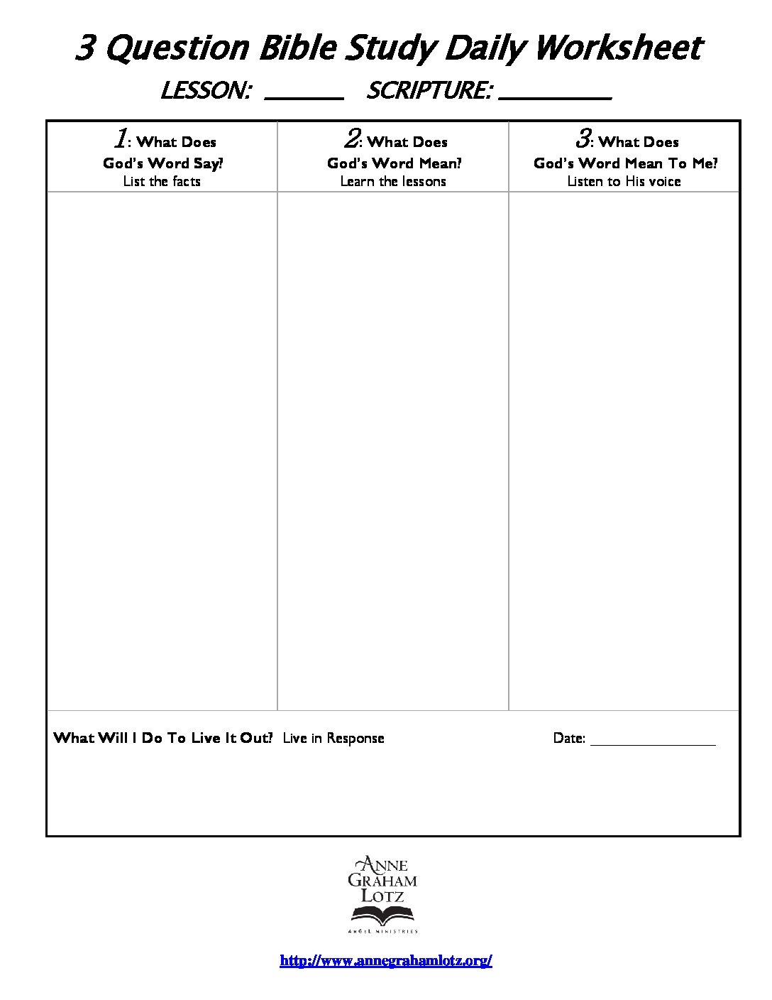 3 Question Bible Study DAILY Worksheet Student Anne Graham Lotz Angel Ministries