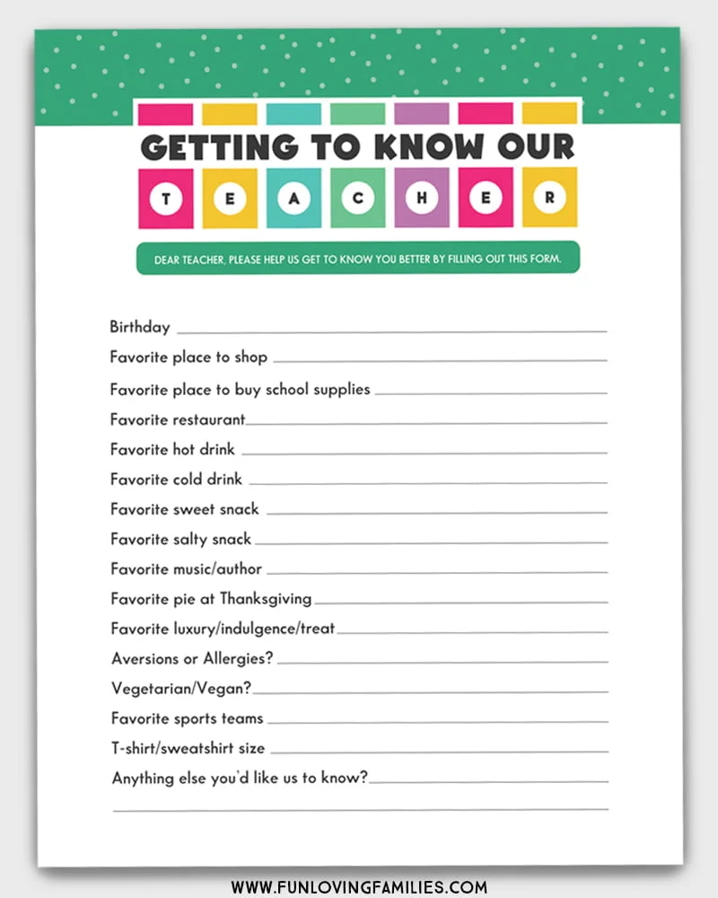 3 Teacher Favorite Things Printable Questionnaires For Teacher Gifts Fun Loving Families