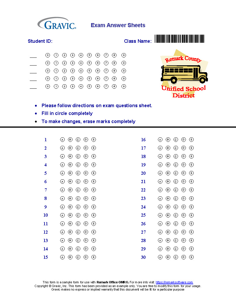 30 Question Test Answer Sheet Remark Software
