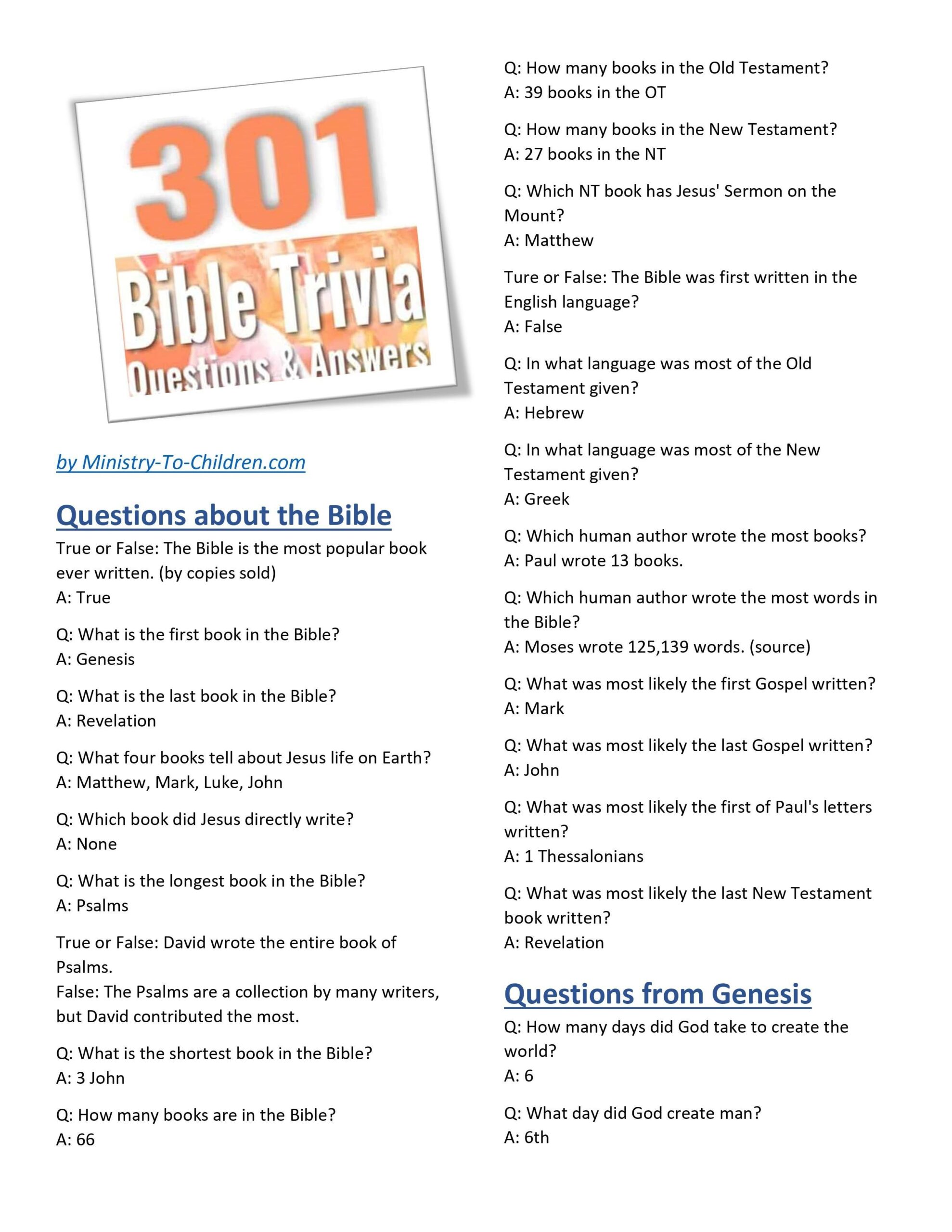 301 Bible Trivia Questions U0026 Answers free Download Sunday Worksheets Library