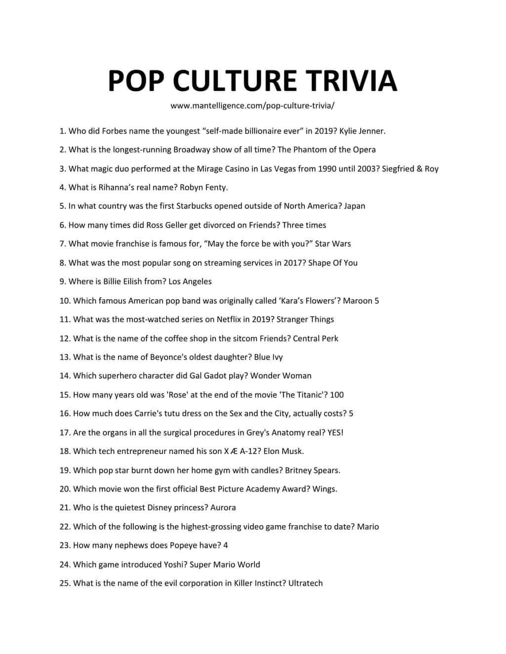 42 Pop Culture Trivia Questions Answers Ultimate Quiz Worksheets Library