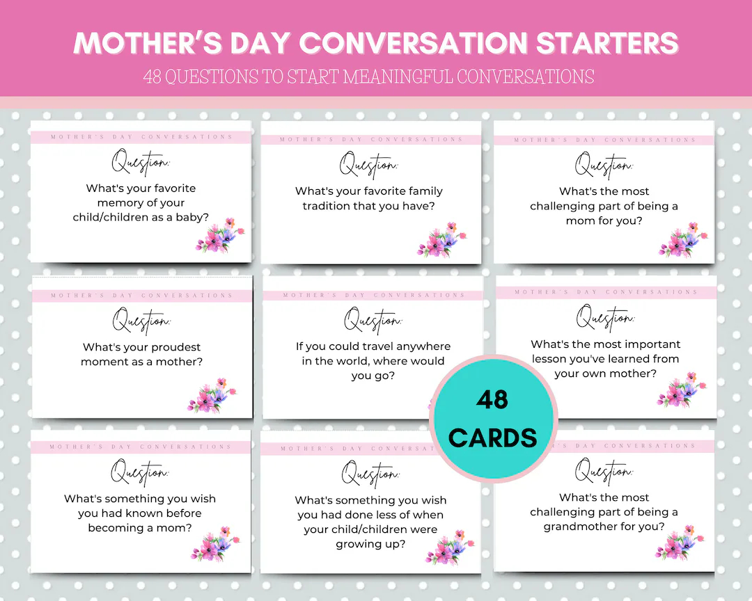 48 Printable Mother s Day Conversation Cards Mom Conversation Starters Small Group Icebreakers Mother s Day Brunch Table Talk Etsy