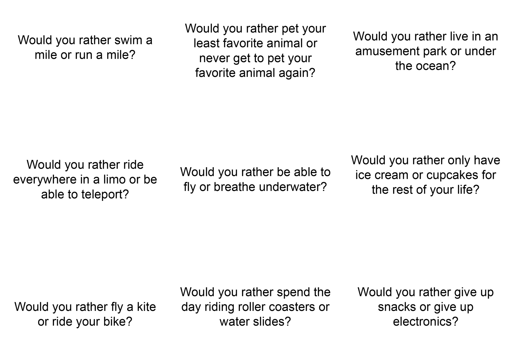 Free Printable Would You Rather Animal Questions