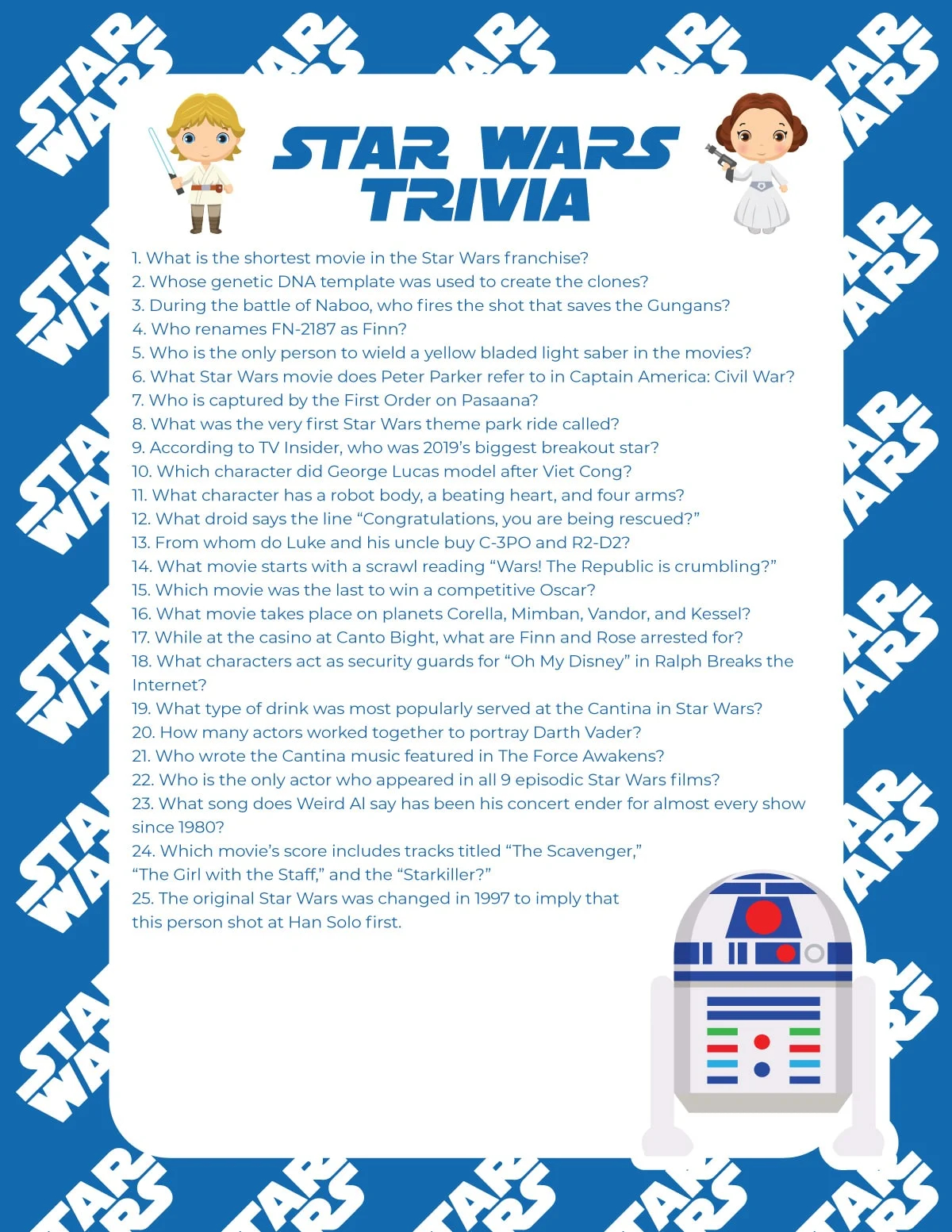 50 Star Wars Trivia Questions Printable Quiz Play Party Plan