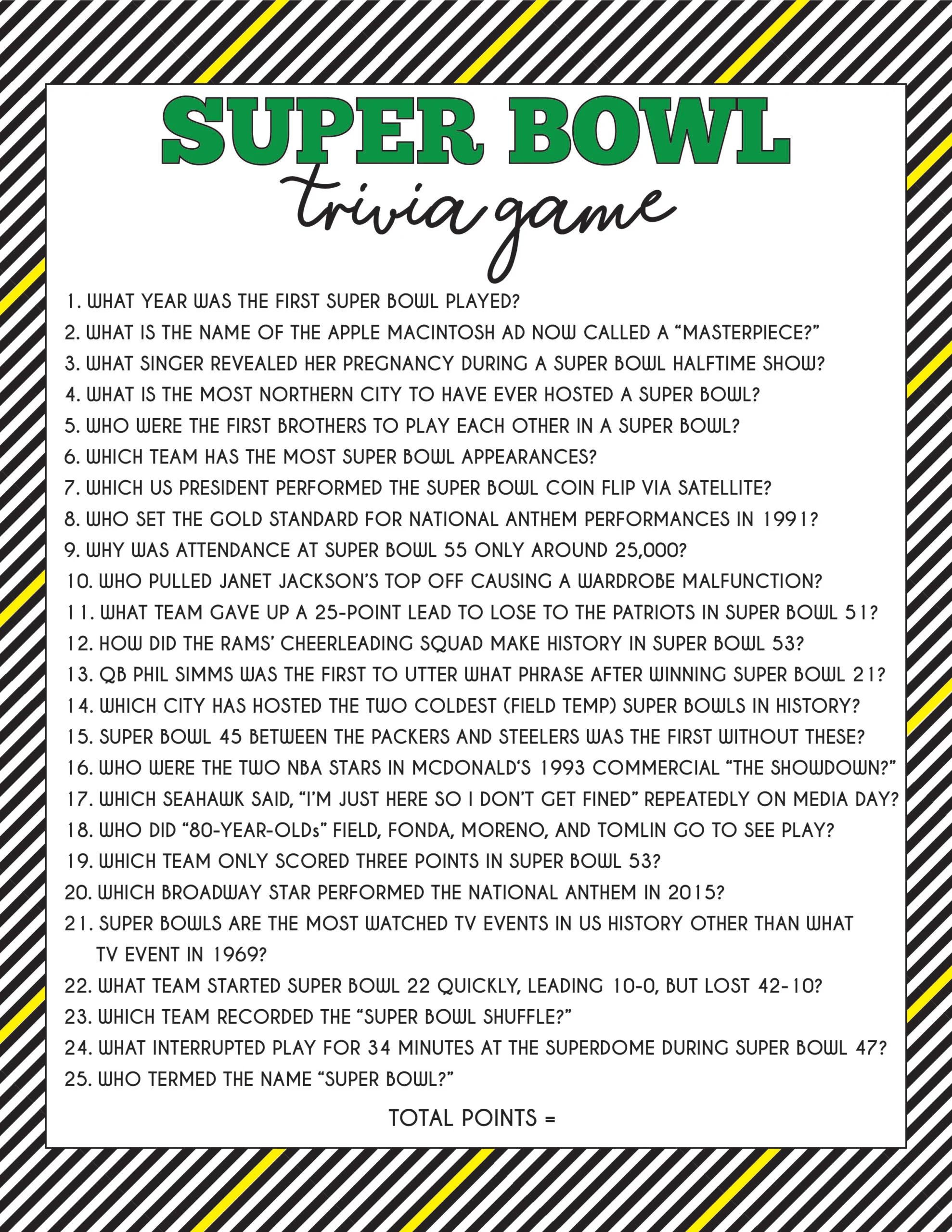 50 Super Bowl Trivia Questions Printable Game Play Party Plan