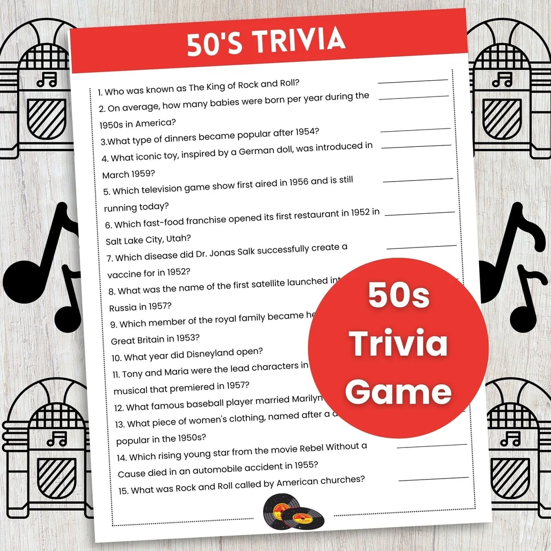 50s Trivia Game 50s Theme Party Game Trivia Game For Teens And Adults Office Party Game Pub Trivia Etsy