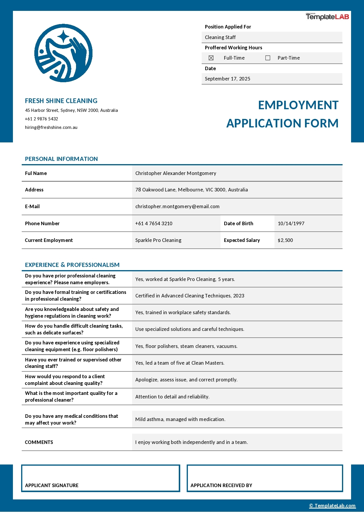 Printable Employee Medical Questionnaire Template QLD Free Download