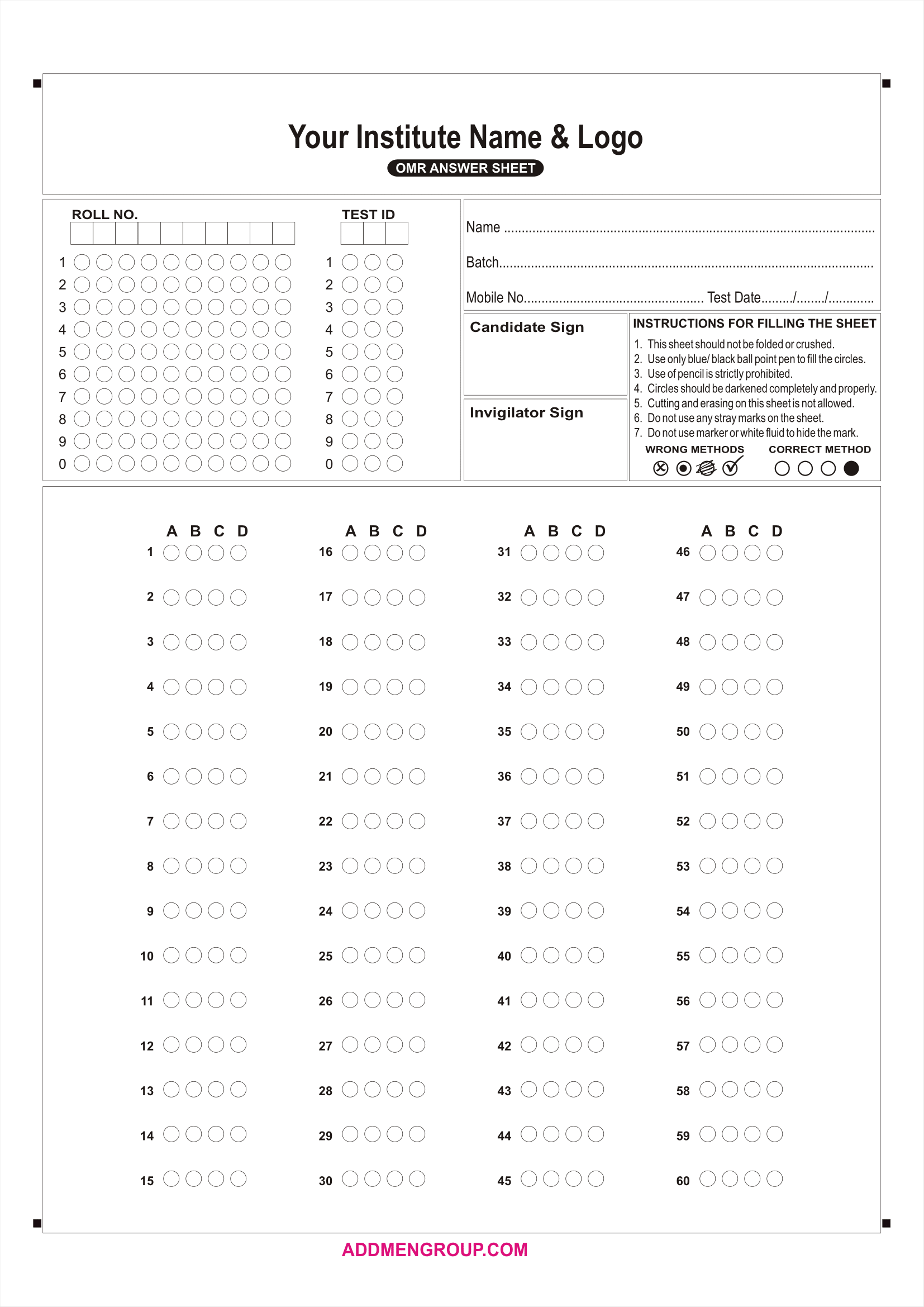 60 Question OMR Sheet Sample