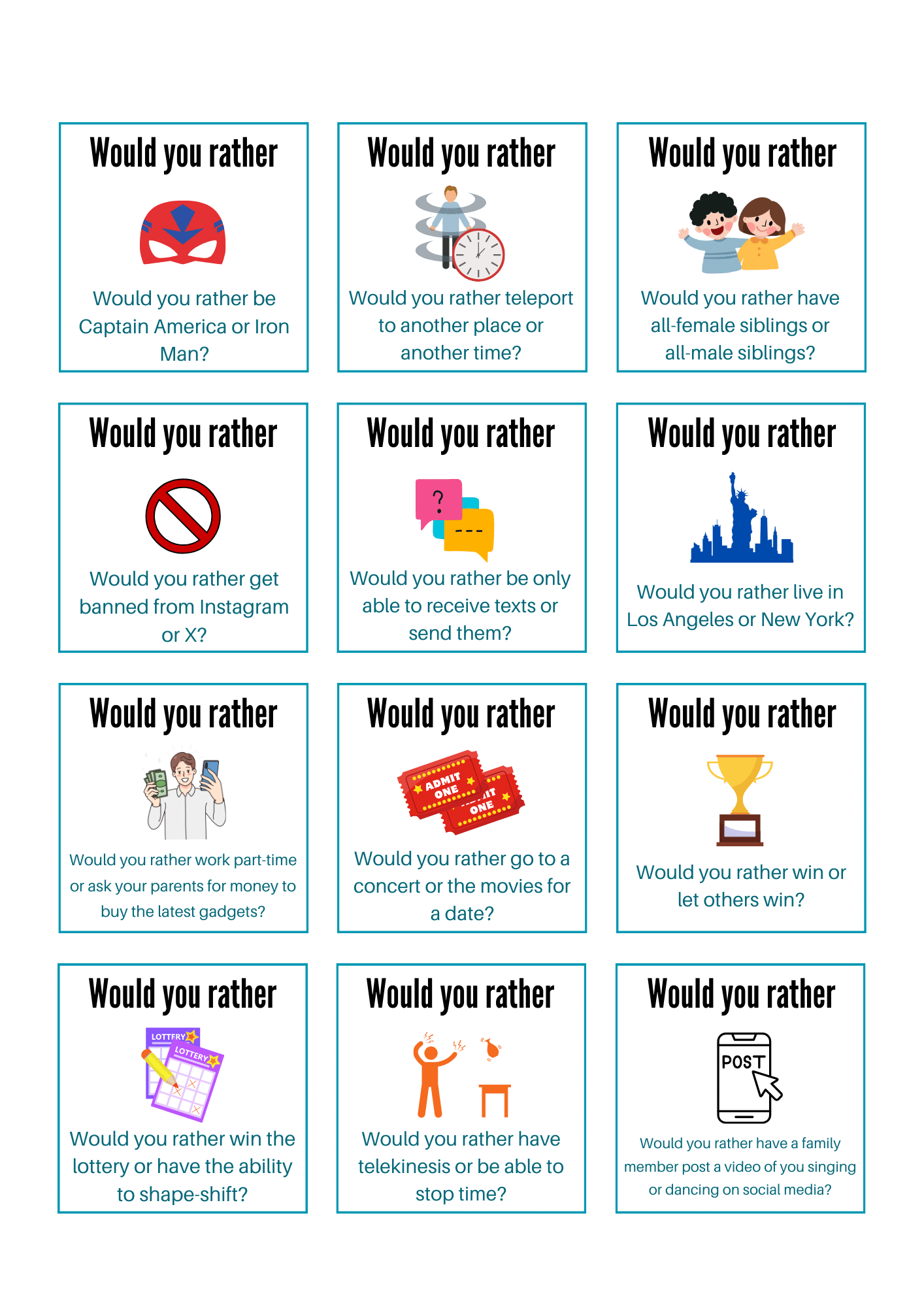 60 would you rather questions for teens for a super fun time