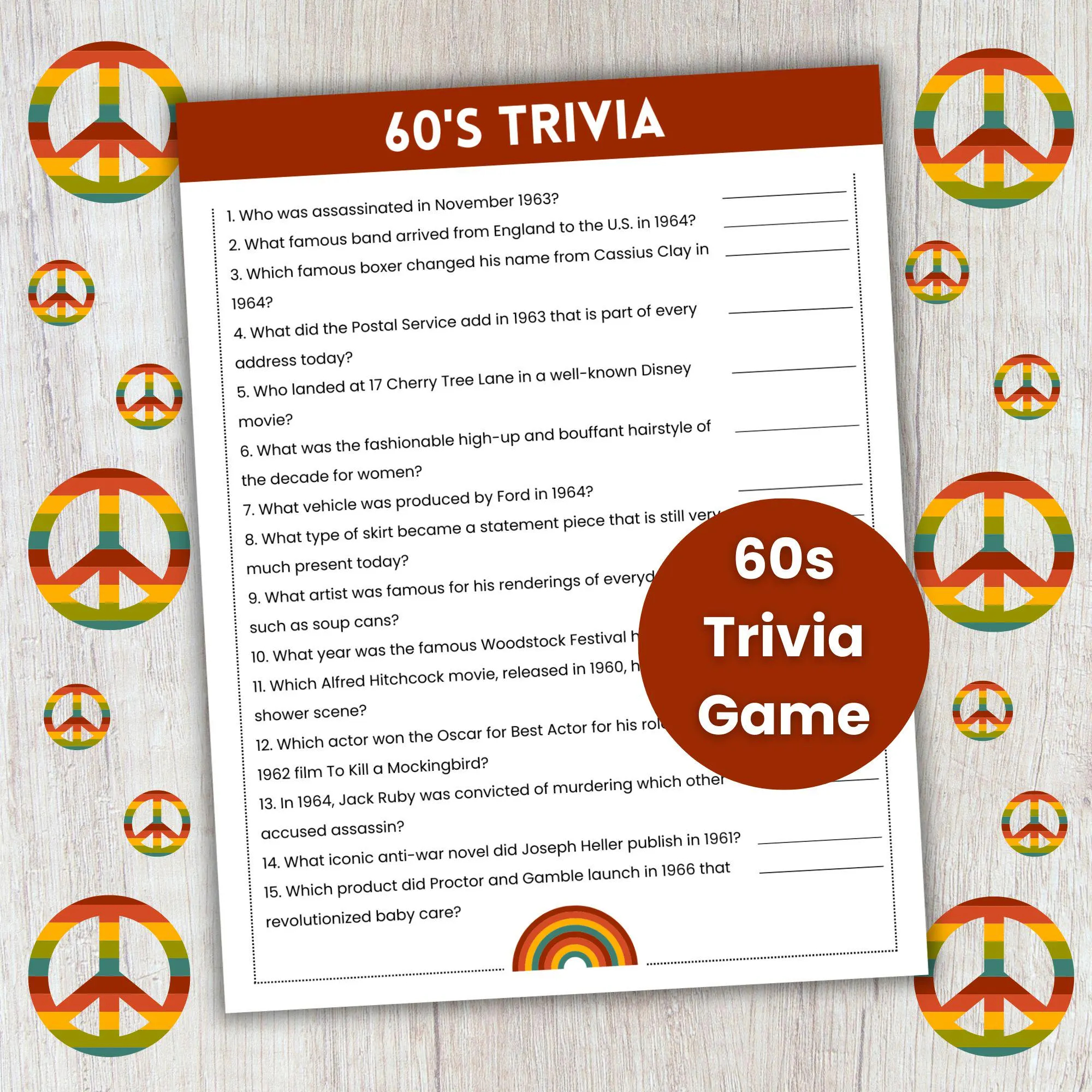60s Trivia Game 60s Theme Party Game Decades Trivia Team Building Game Retro Party Game Senior Citizen Activity Birthday Trivia Etsy