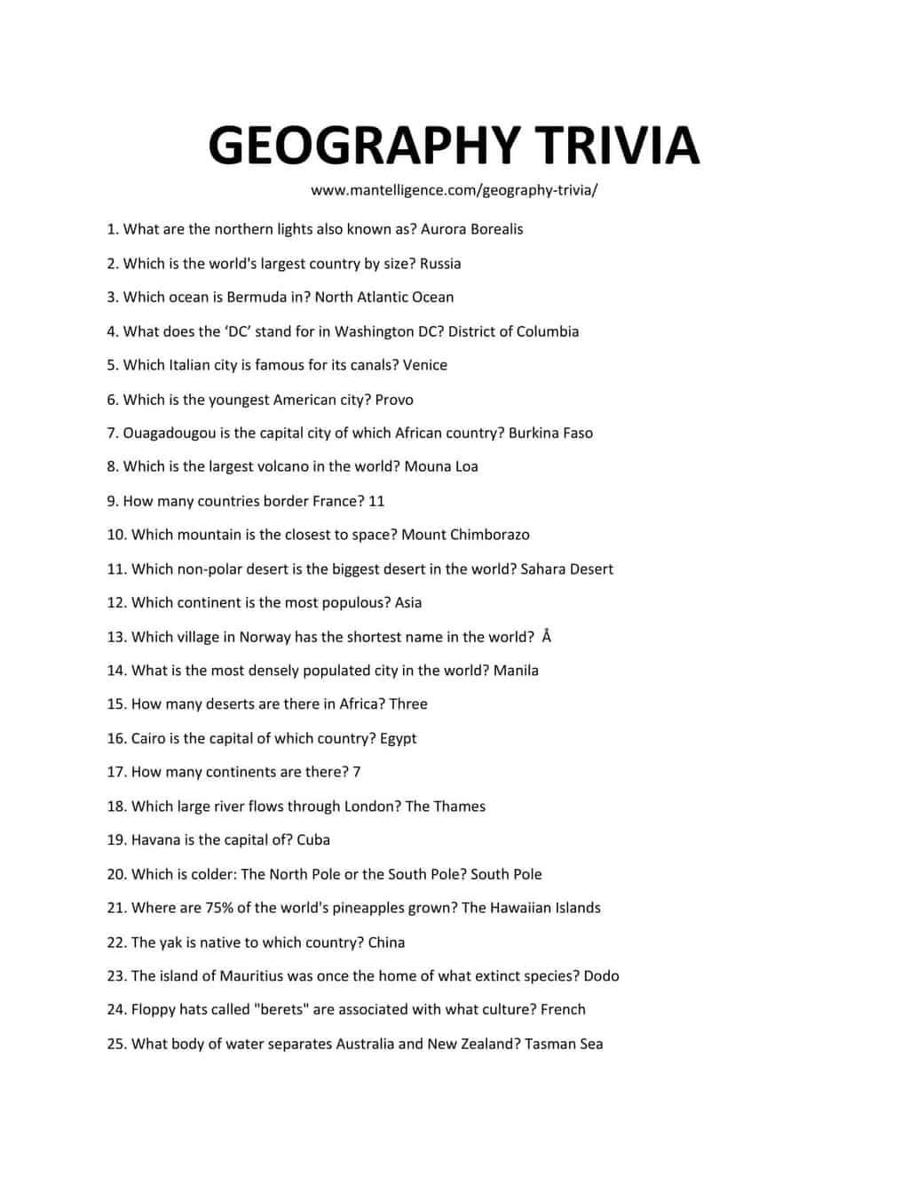 69 Geography Trivia Questions Answers Easy To Hard Worksheets Library