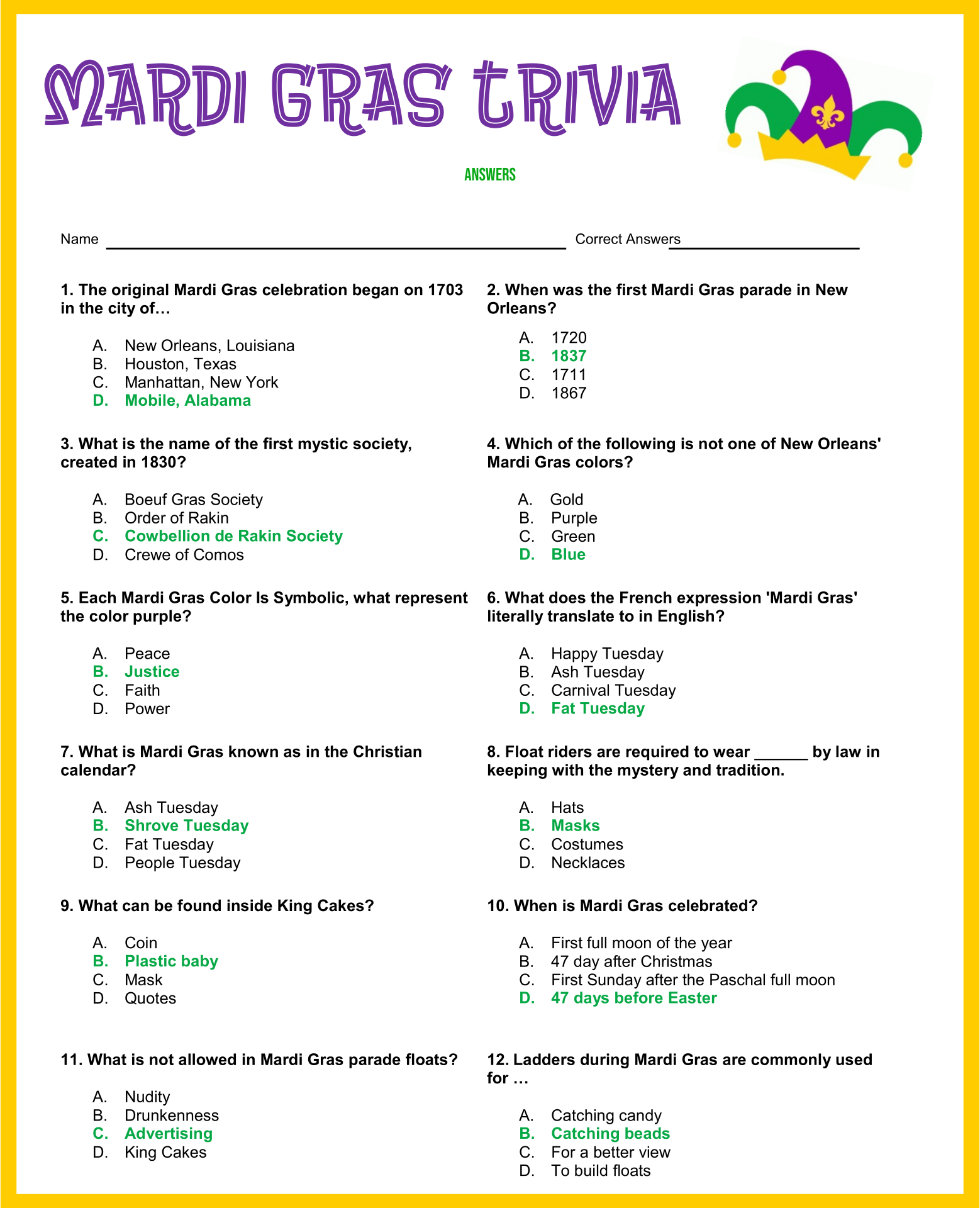 70 free printable trivia quizzes with answers worksheets library