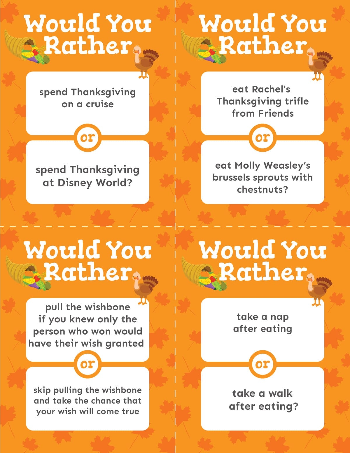 70 Fun Thanksgiving Would You Rather Questions Free Printable 