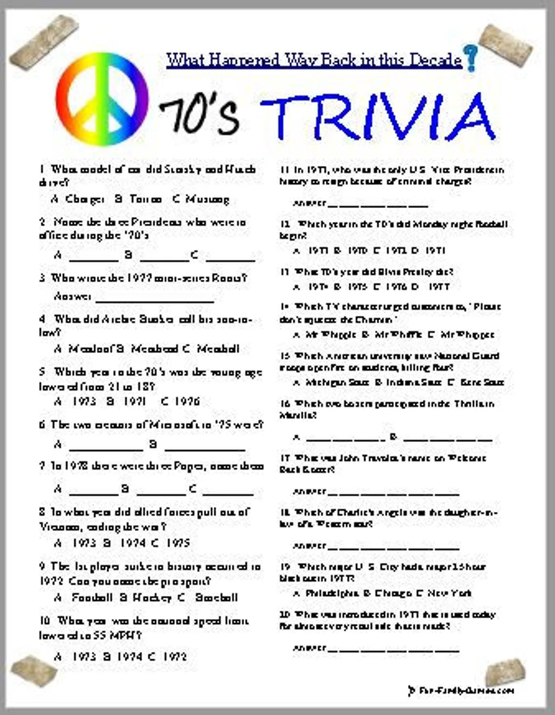 70 s Trivia Etsy