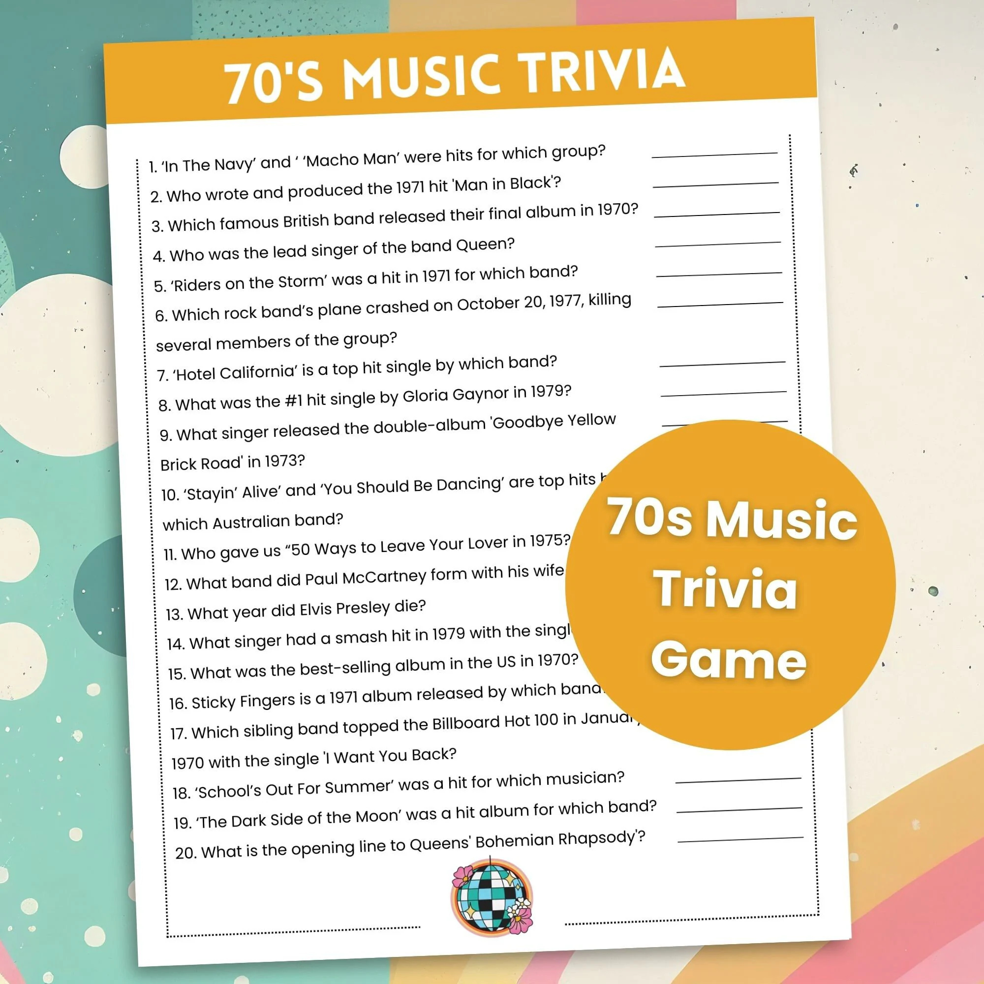Free 70s Trivia Questions and Answers Printable