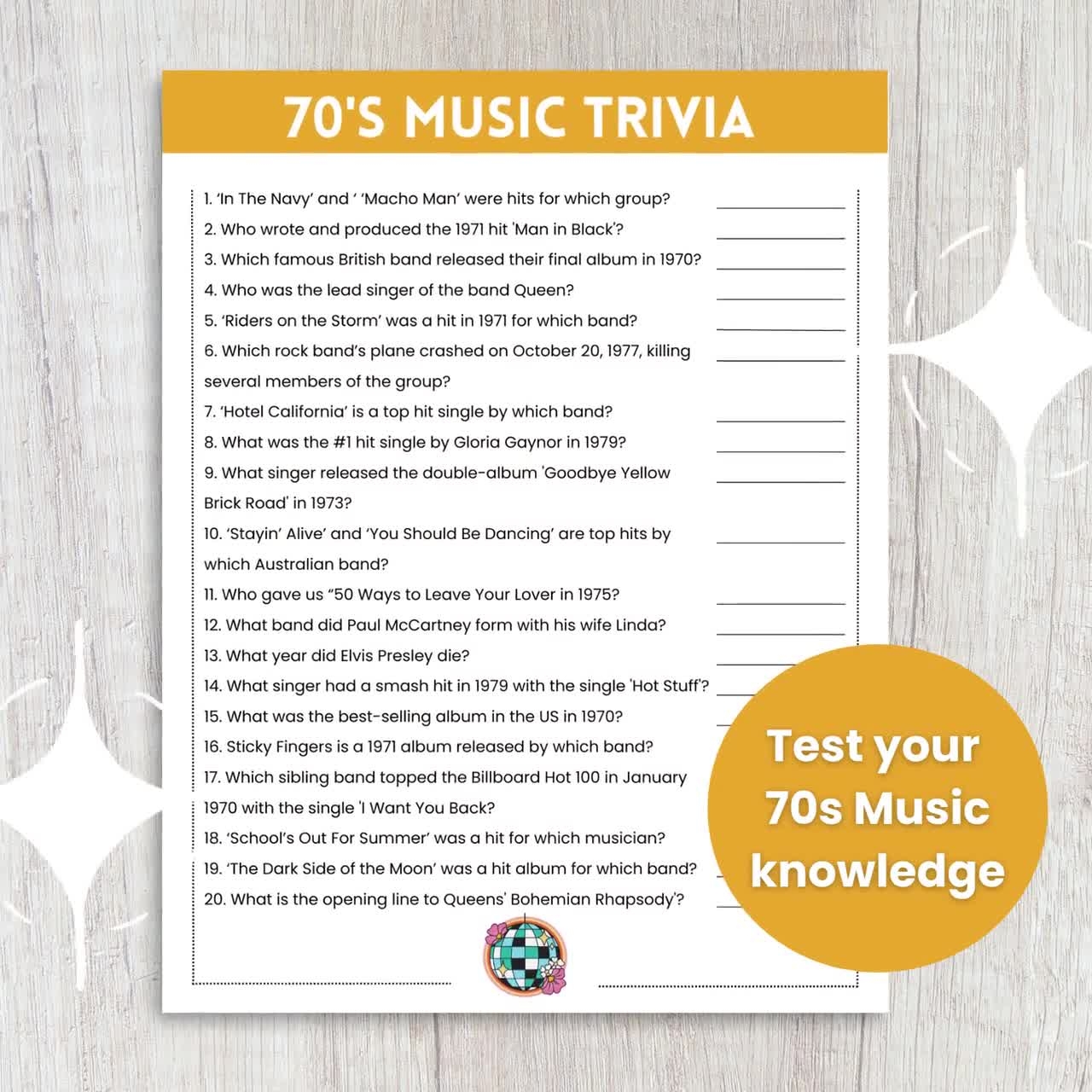 70s Printable Trivia with Answers