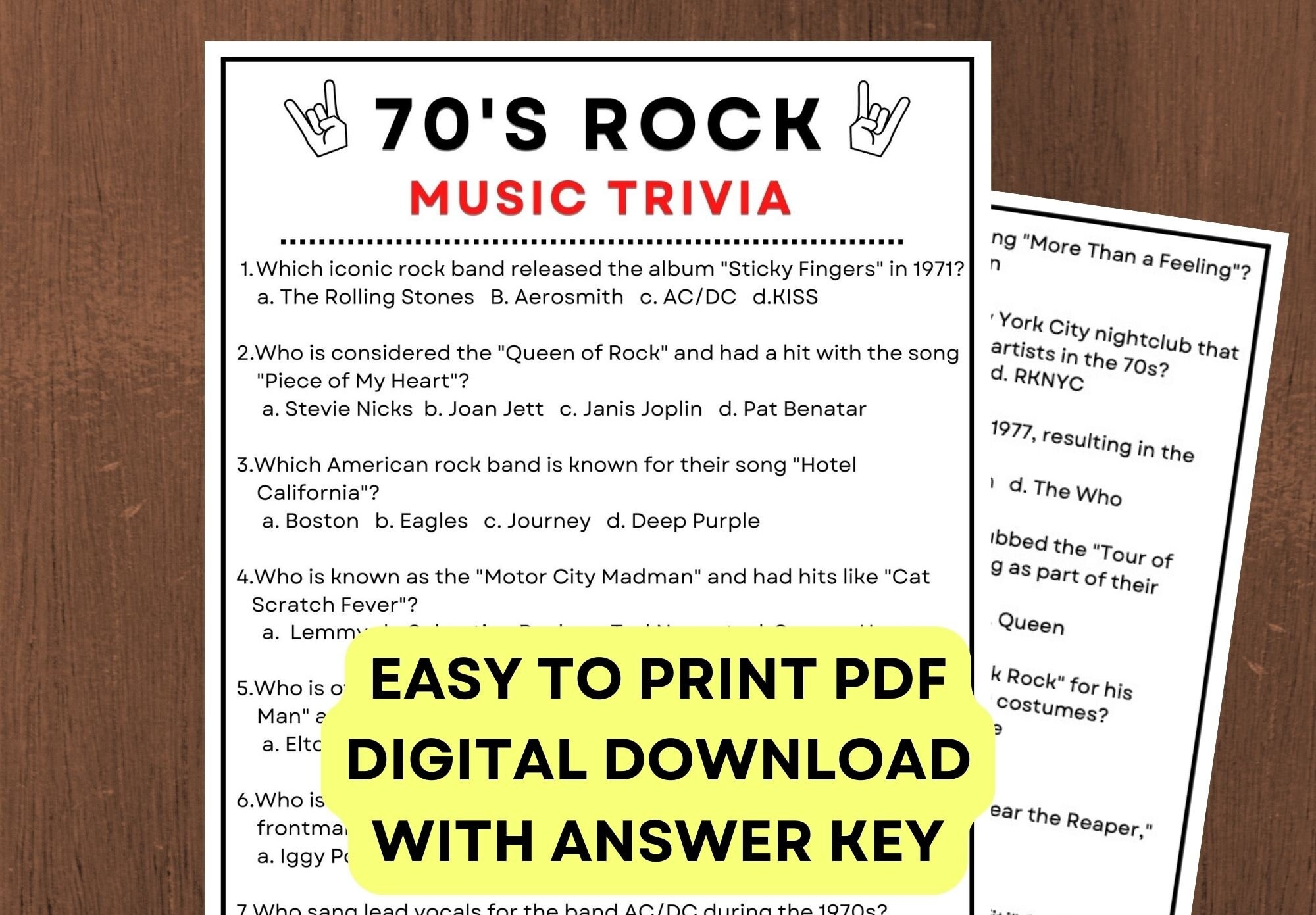 70s rock music trivia digital pdf instant printable trivia game with answer key etsy