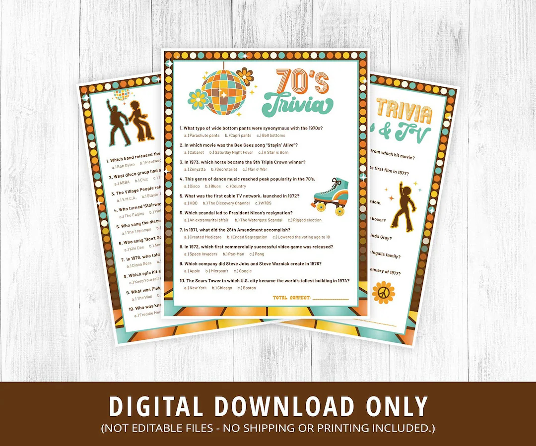 70s trivia games printable 70s trivia game 70s tv trivia 70s music trivia quiz 70s activities 70s party games 1970s decade digital etsy