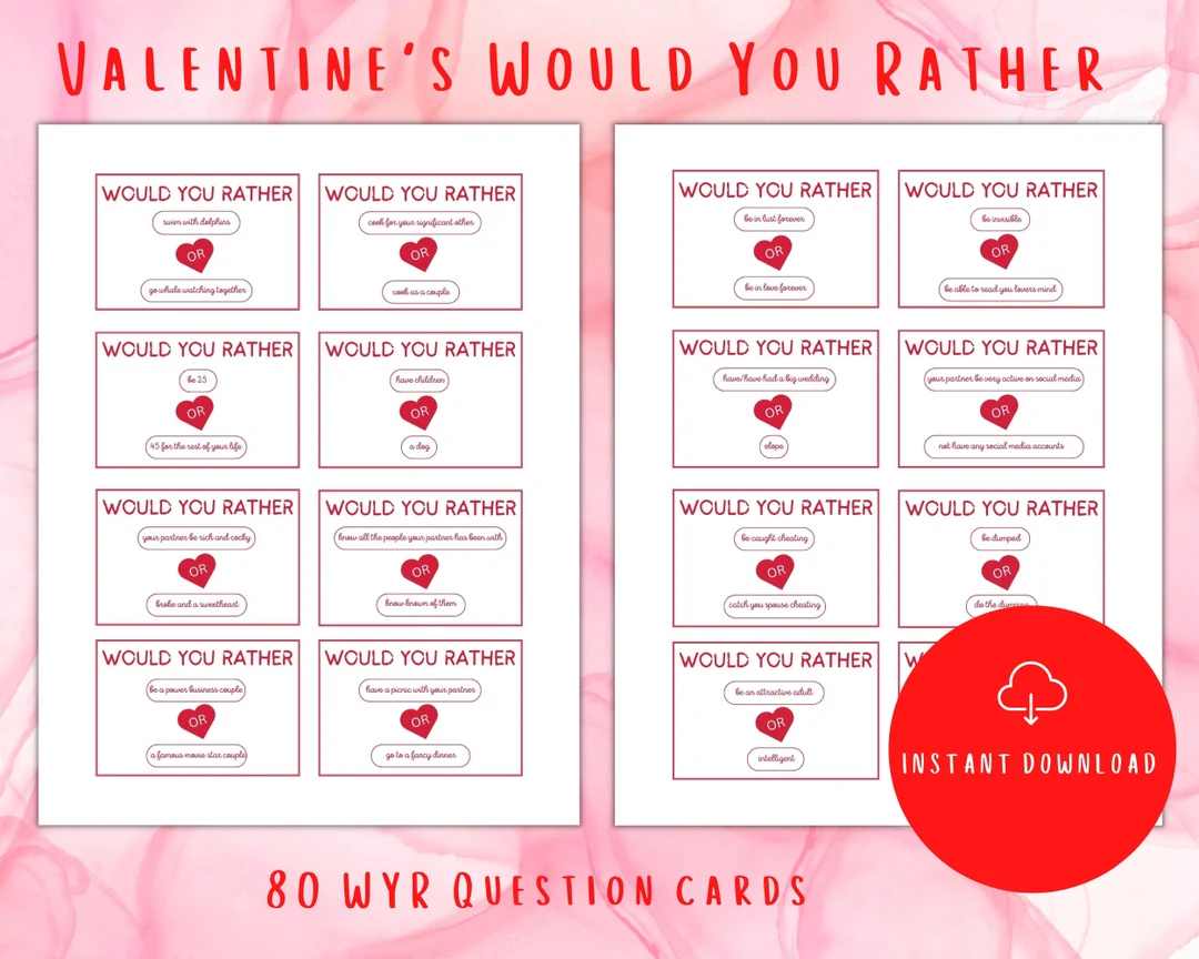80 Would You Rather Printable Question Cards For Couples Valentine s Day Date Night Romantic Couple Game Night Printable Game For Couple Etsy