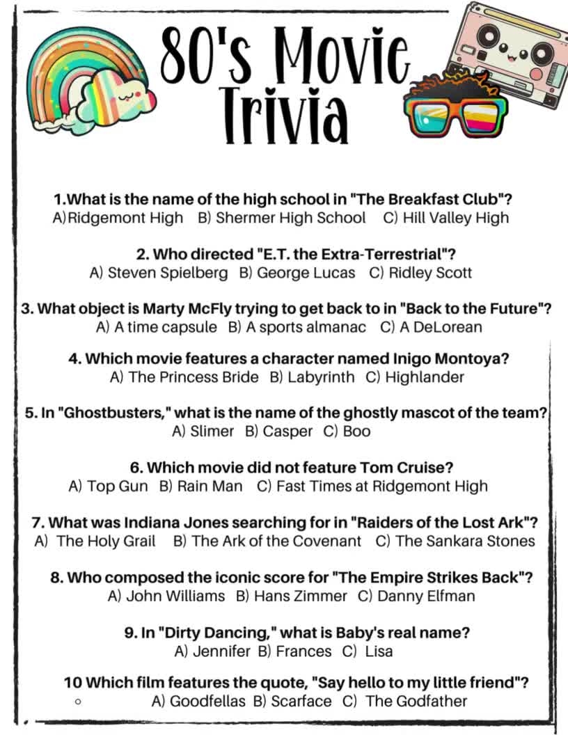 80s Movie Trivia 1980 s Movie Trivia Game Pub Quiz Adult Party Games 80s Trivia Game Etsy