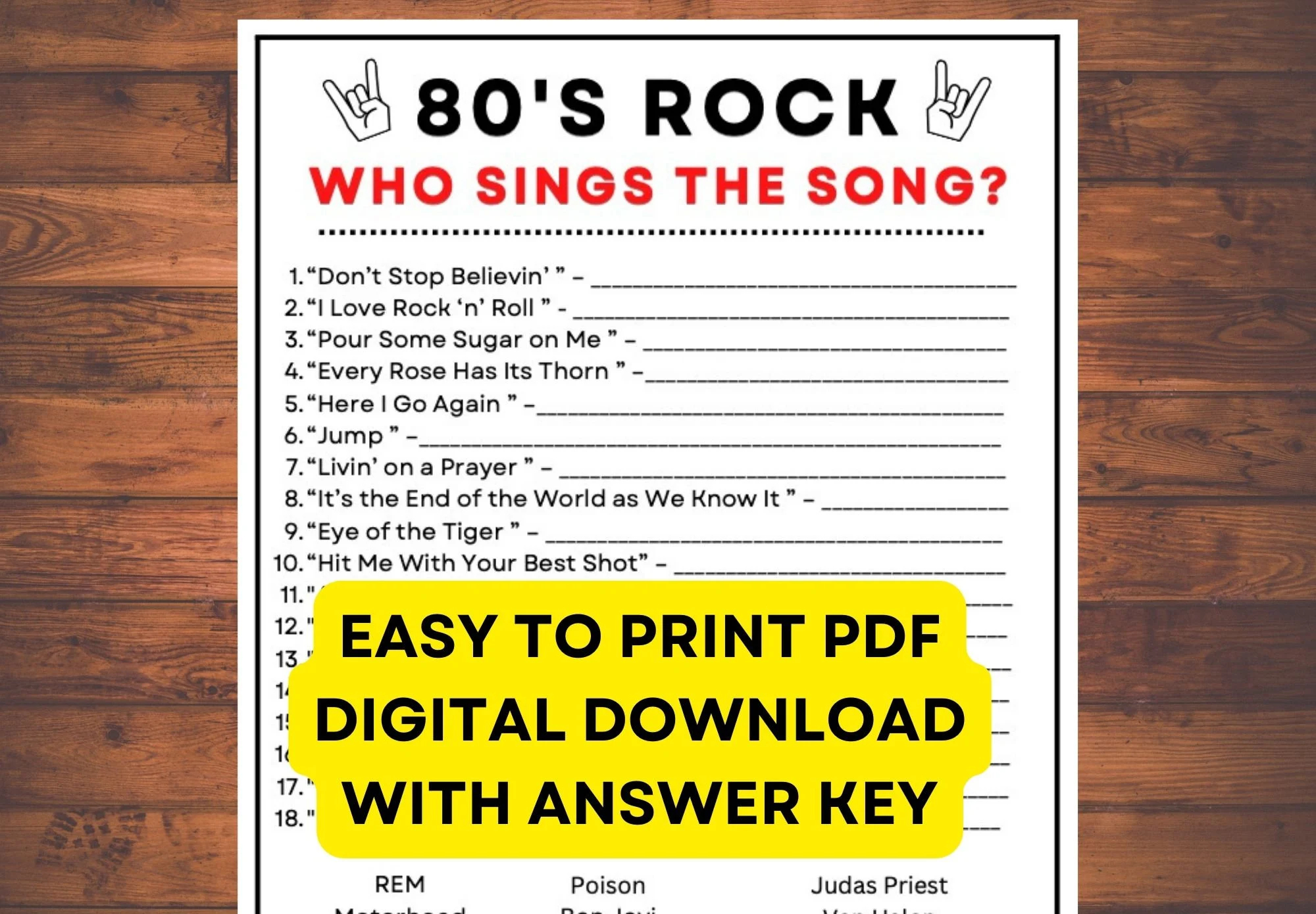80s Rock Music Game Who Sings The Song Digital PDF Instant Printable Trivia Game With Answer Key Etsy