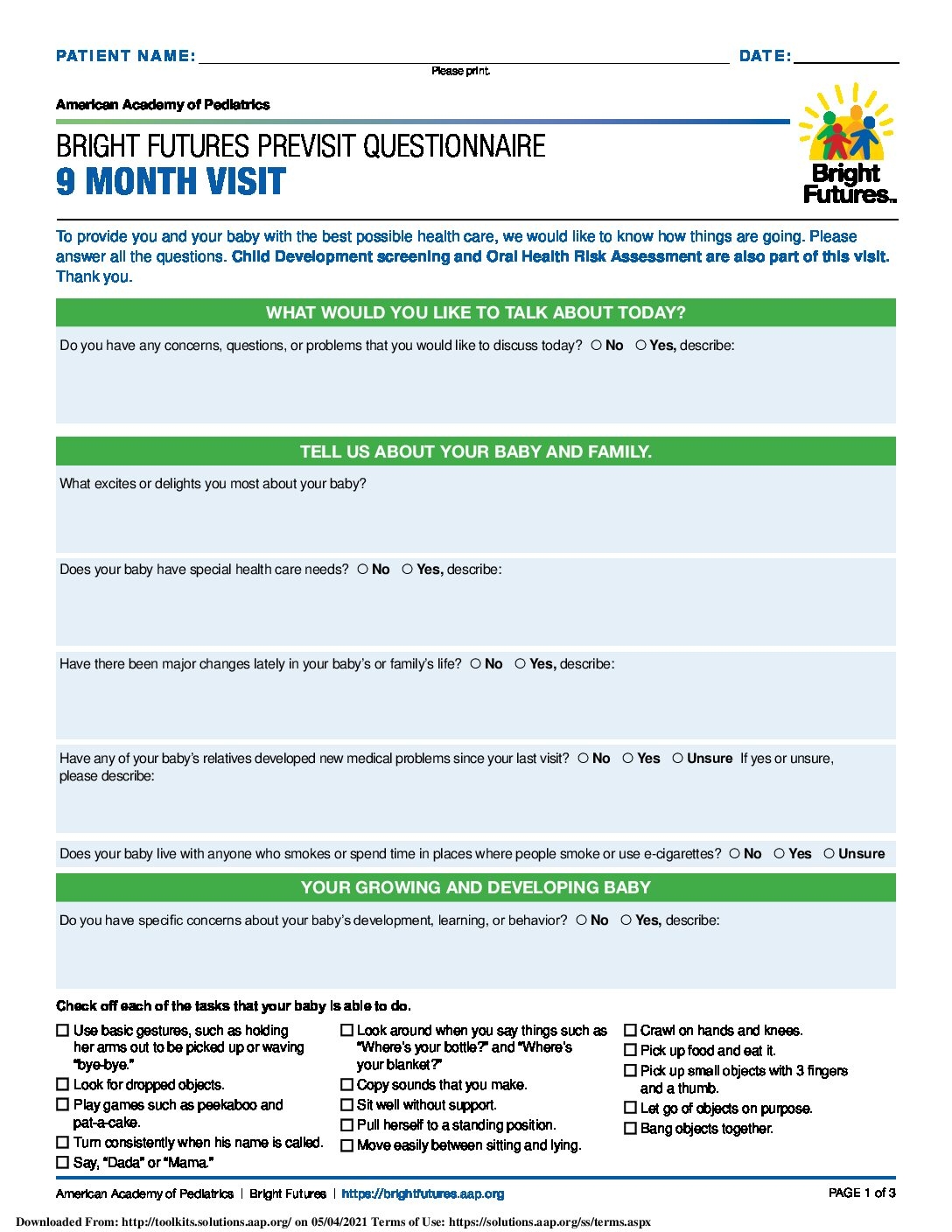 9 Month Previsit Questionnaire Village Center Pediatrics