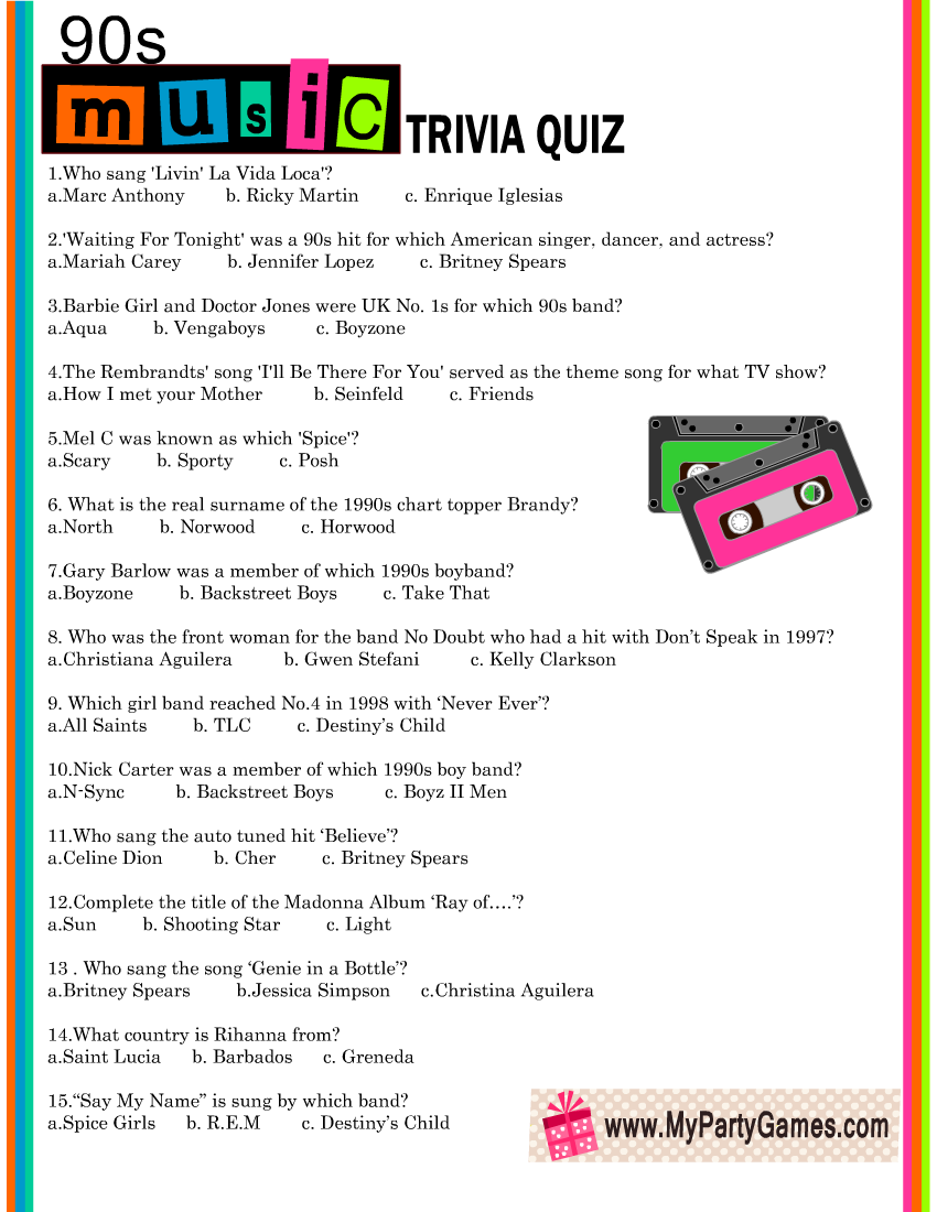 90s music trivia quiz with its answer key