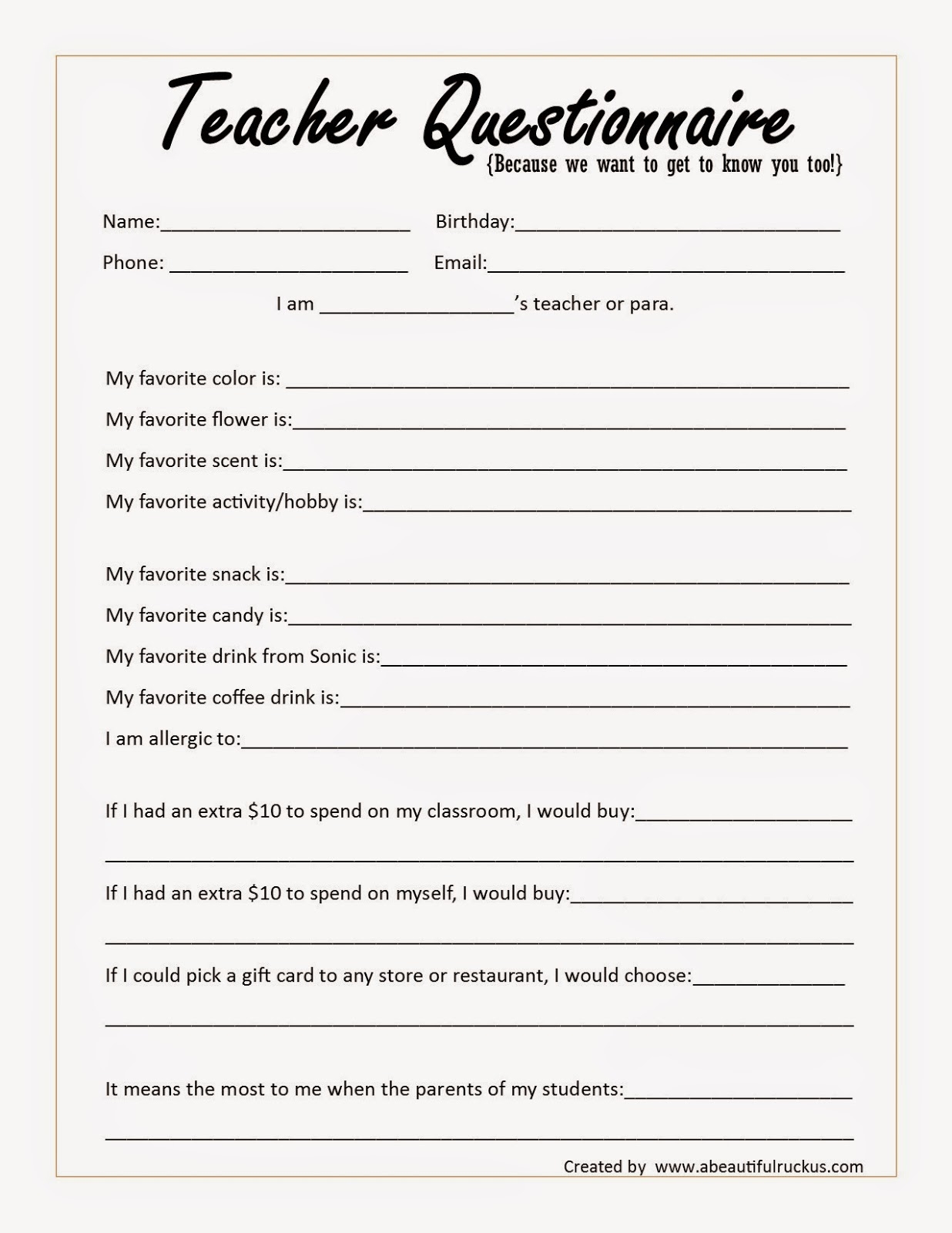 A Beautiful Ruckus Beginning Of The Year Teacher Questionnaire Printable