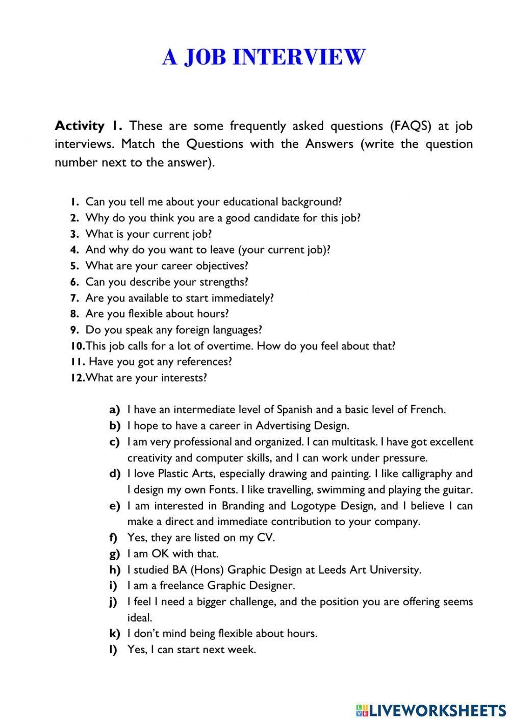 A Job Interview Online Exercise Live Worksheets Worksheets Library