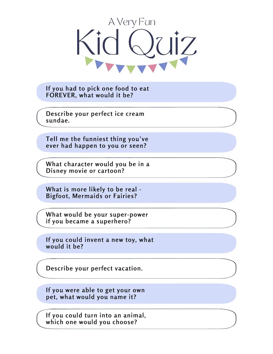 A Very Fun Kid Quiz DIGITAL DOWNLOAD color Or B W Etsy UK