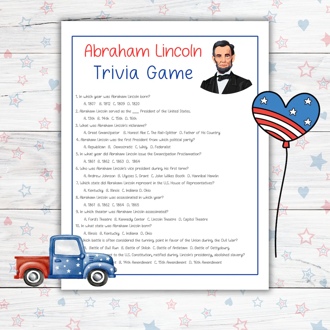Abraham Lincoln Trivia Game US Presidents Trivia Questions Homeschool Printable Worksheets For Kids Trivia Group Games US History Trivia Etsy Israel