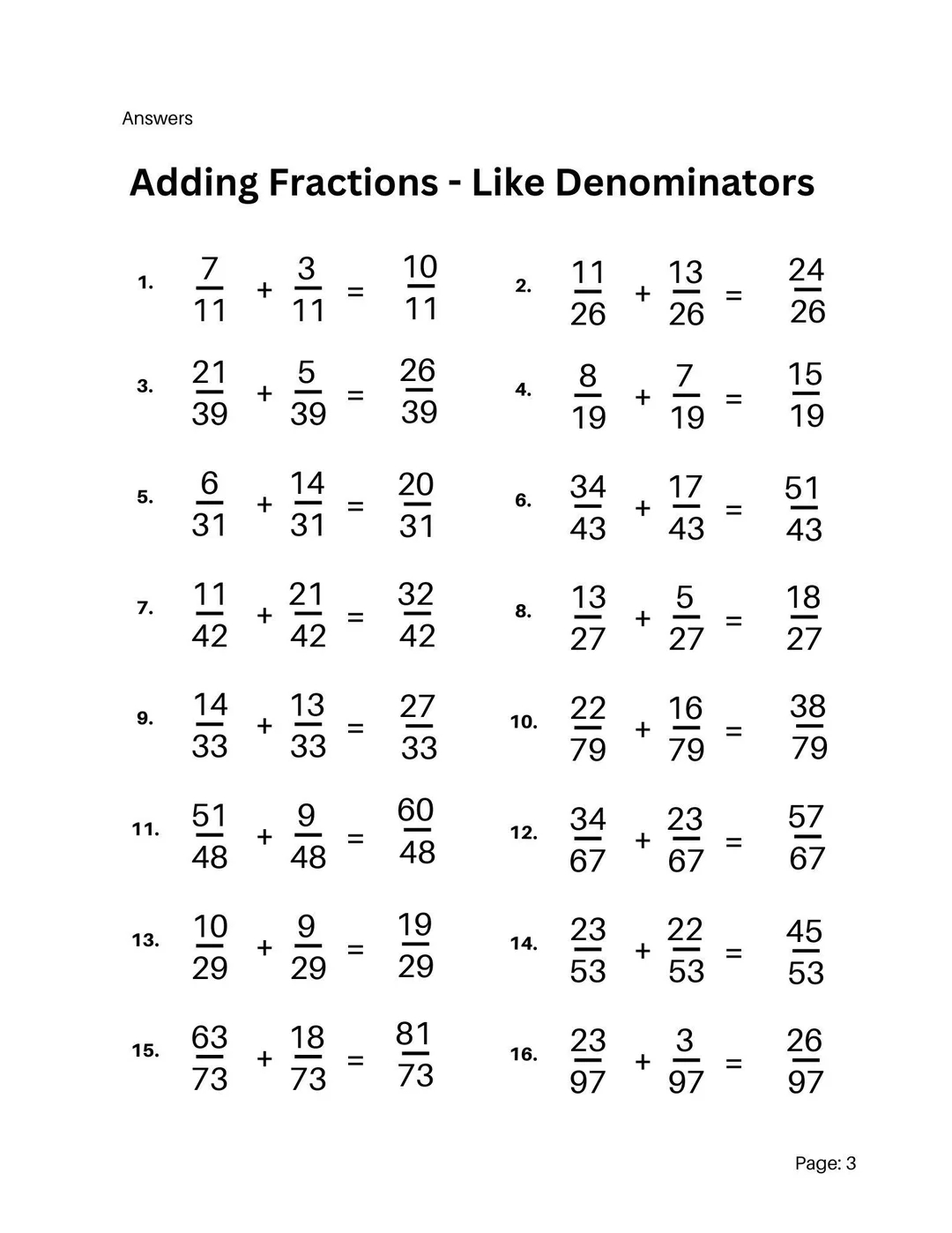 Printable Fraction Worksheets with Answers