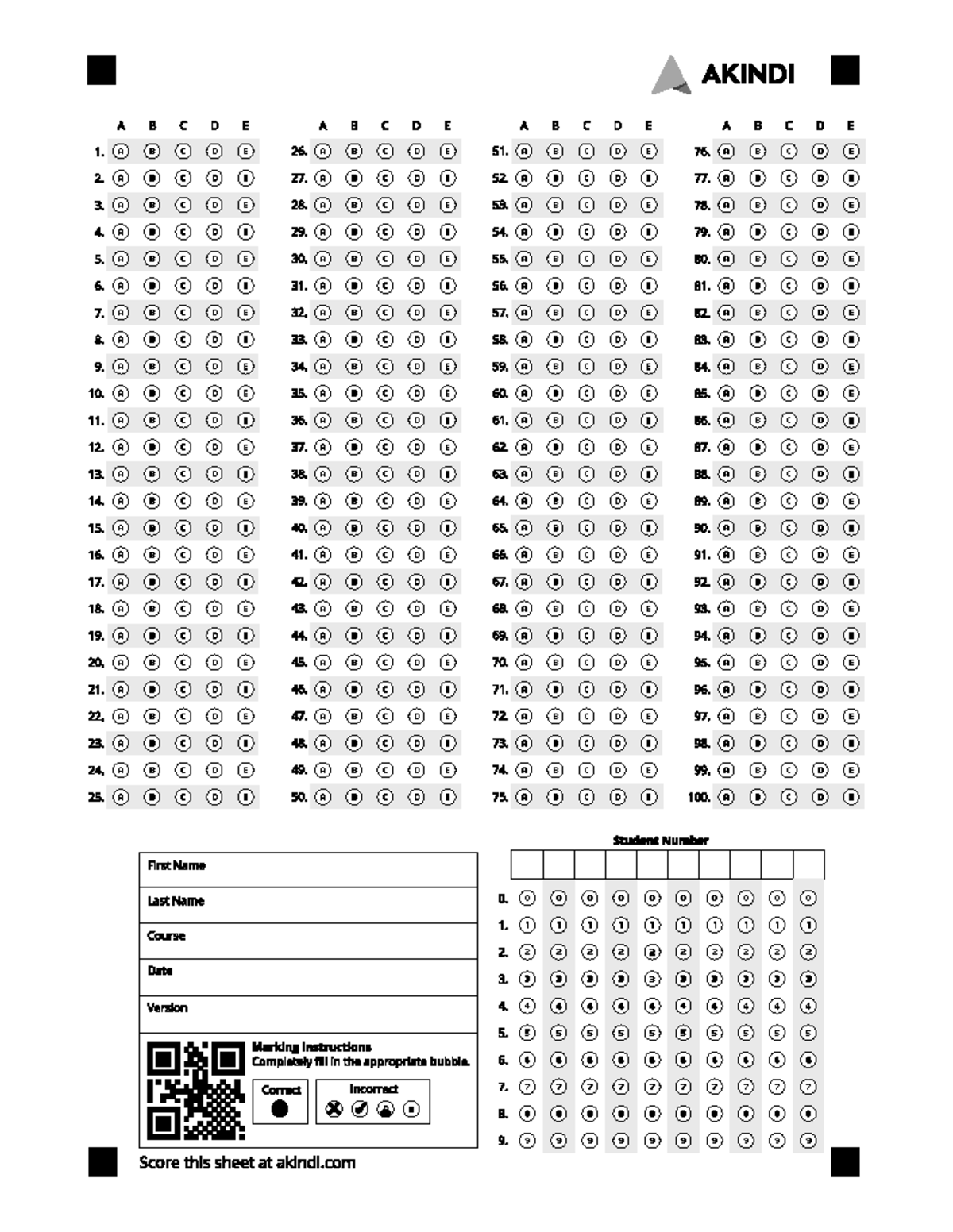 AKINDI 100 Question Bubble Sheet Answer Key Guide Studocu