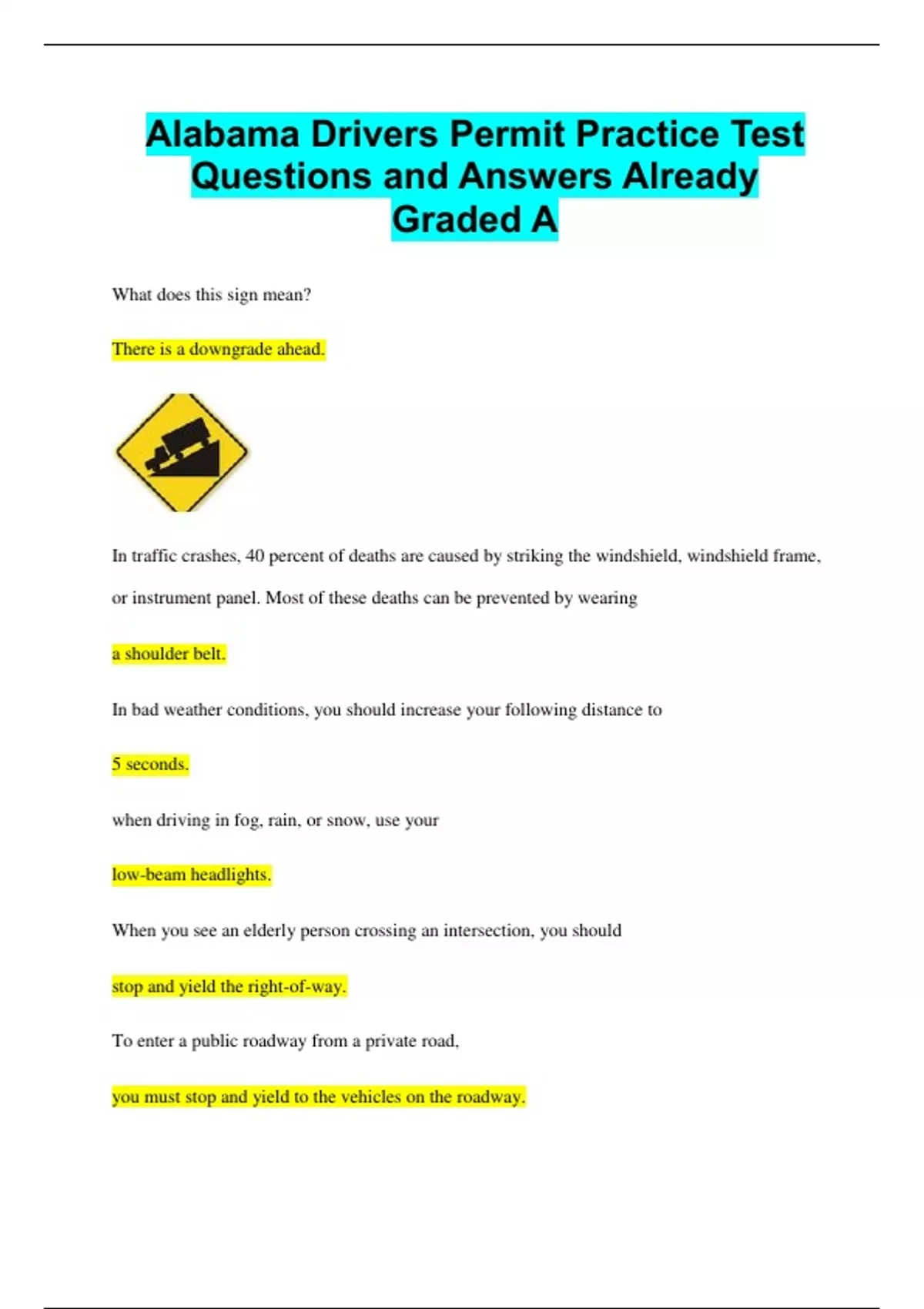 Alabama Drivers Permit Practice Test Questions And Answers Already Graded A Alabama Drivers Permit Stuvia US