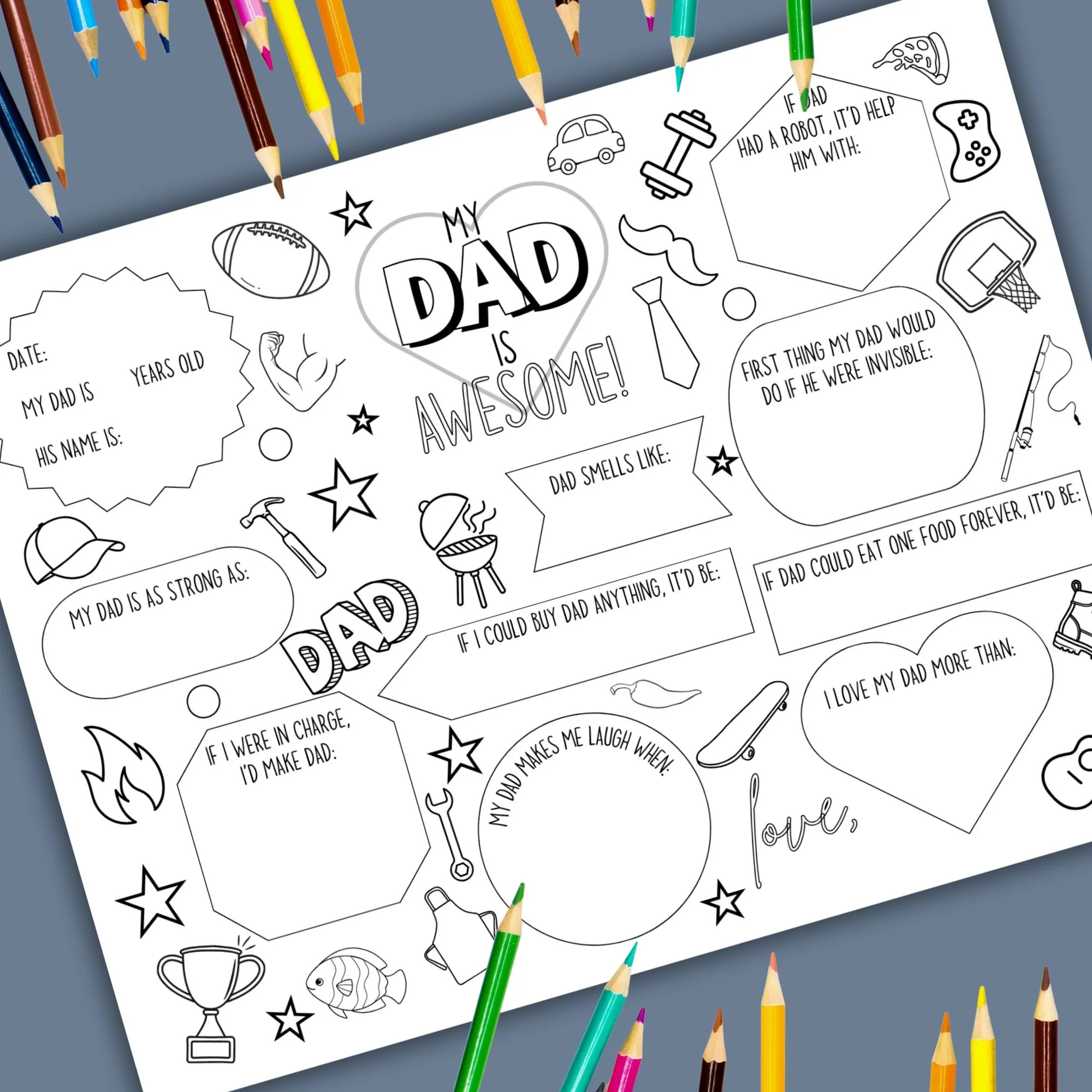 all about dad fill in interview and coloring page printable dad questionnaire keepsake diy fathers day or daddy birthday activity for kids etsy