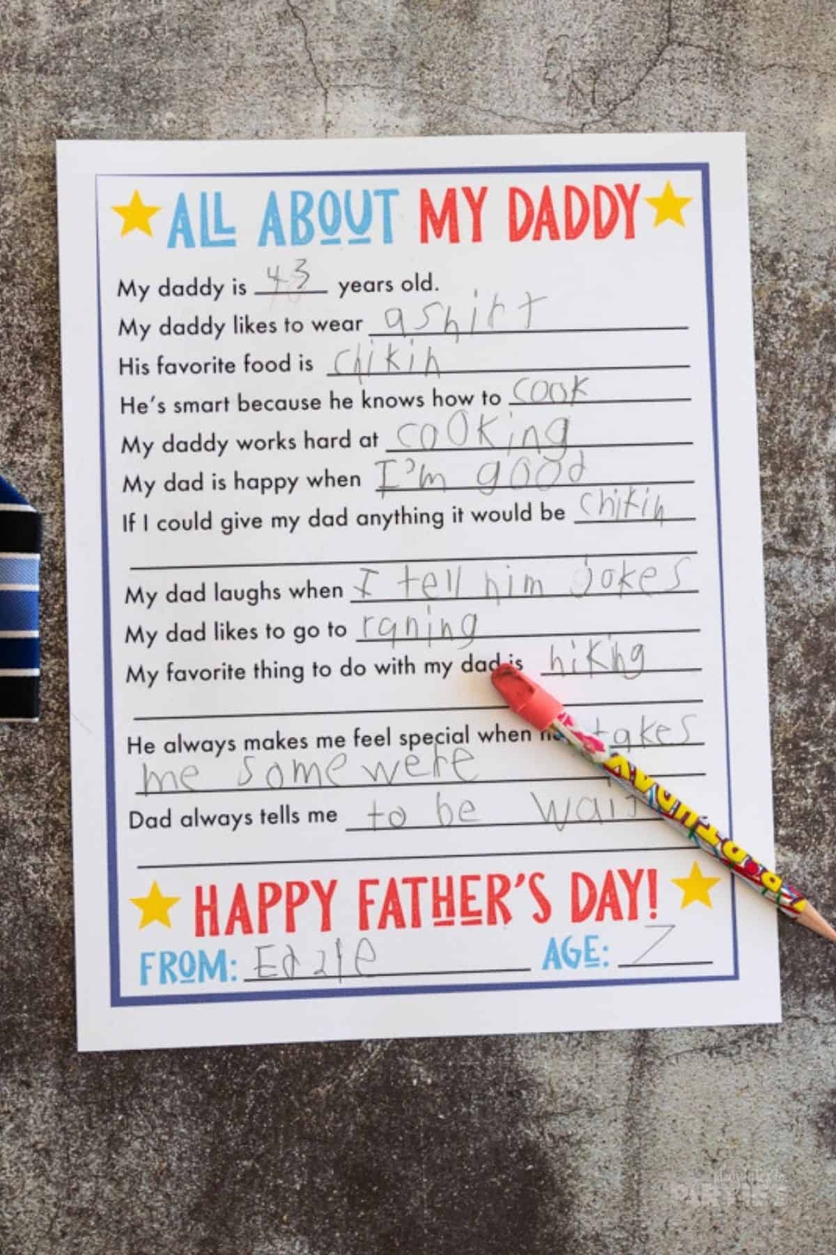 All About Dad Questionnaire Free Printable 