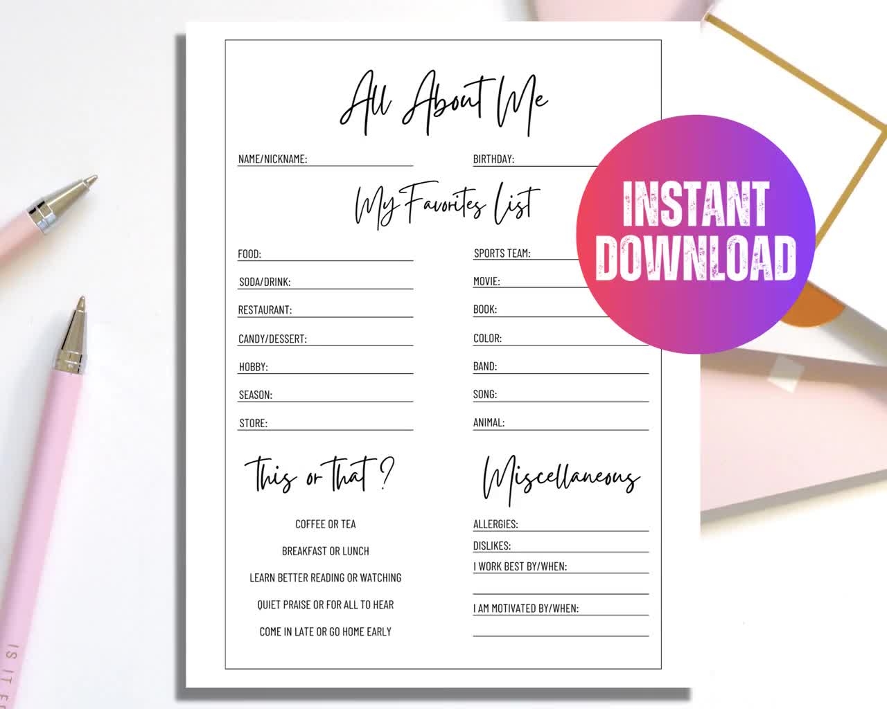 All About Me Coworker Questions Printable Getting To Know You Get To Know My Team Survey My Favorite Things List Employee Worksheet Template Etsy