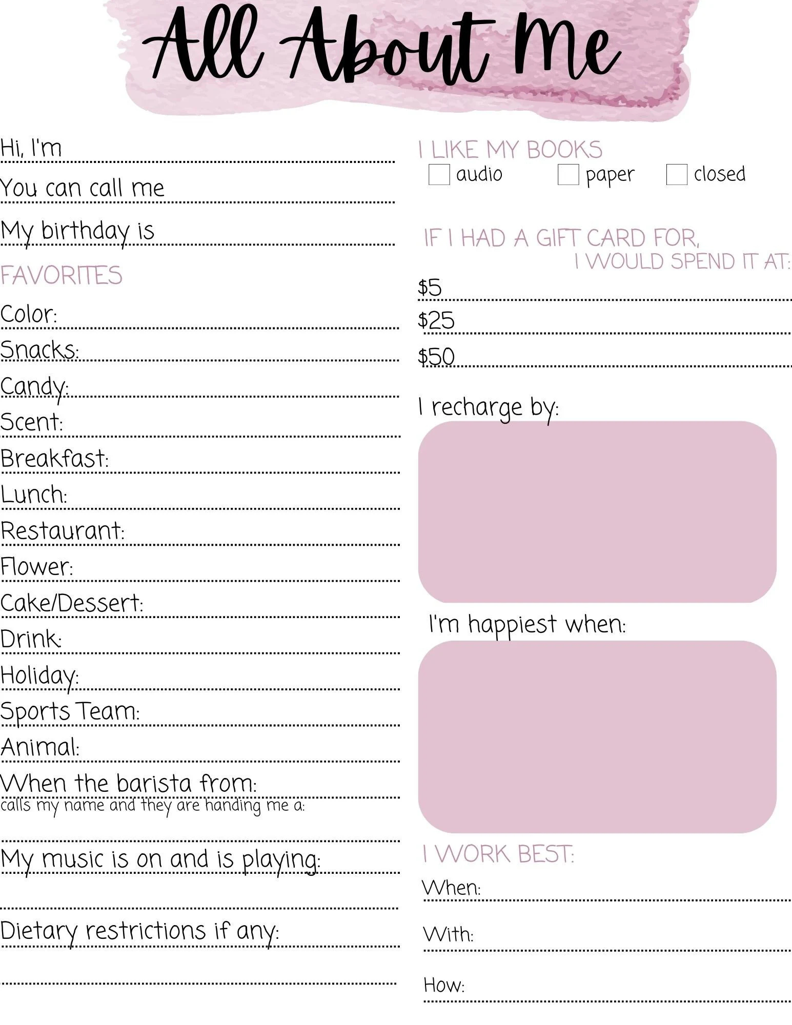 All About Me Questions for Adults Printable