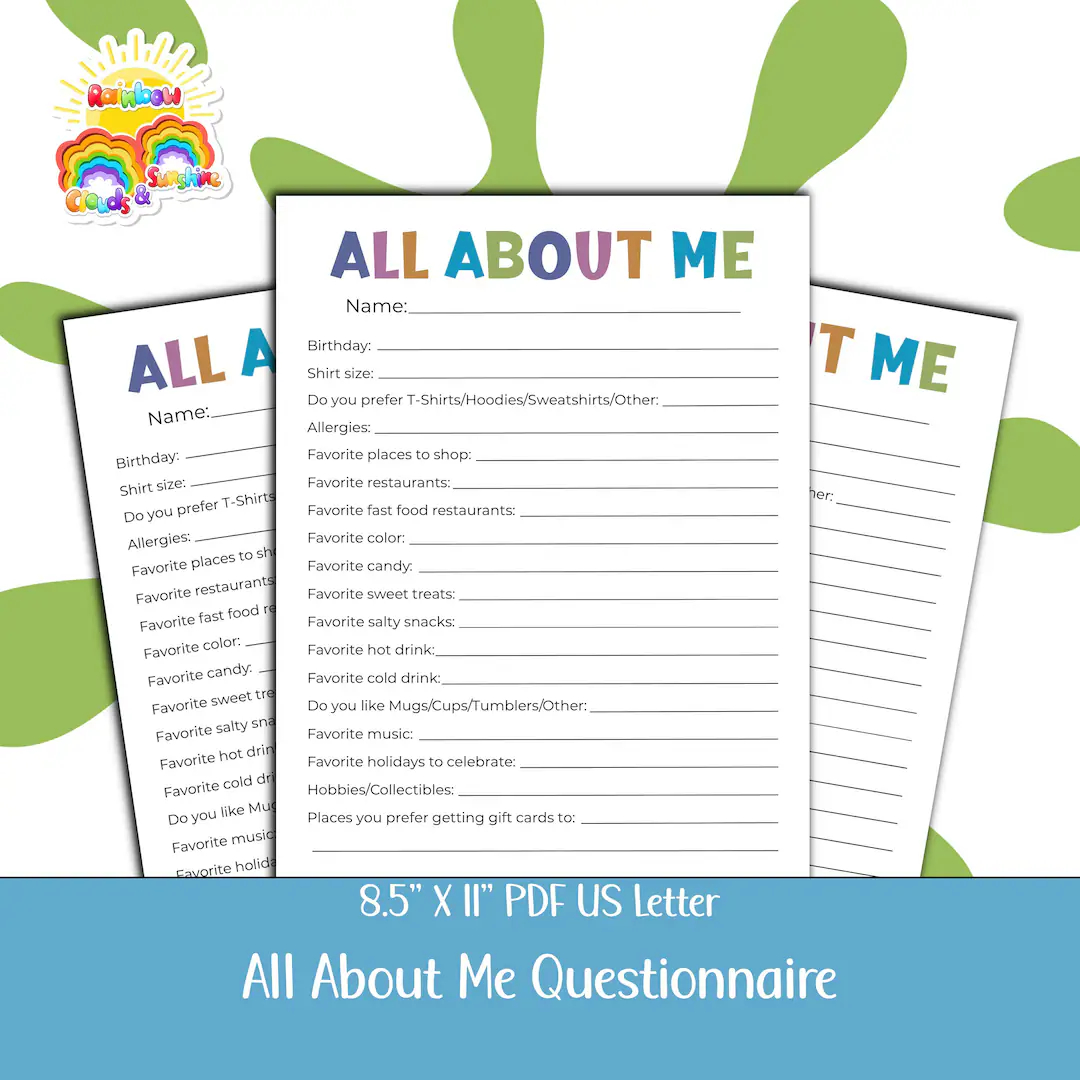 All About Me Questionnaire PDF My Favorite Things Printable Survey Gift Questionnaire For Teachers Co workers Coaches Get To Know Me Etsy