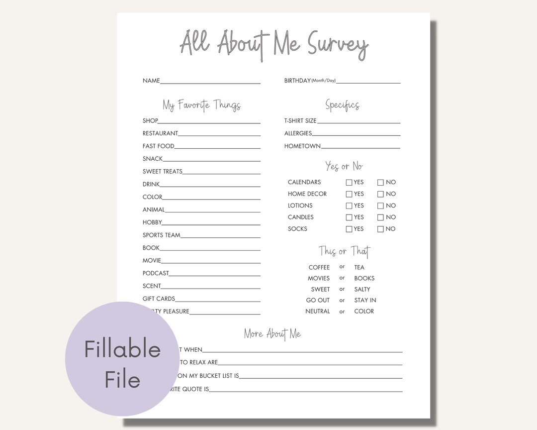 All About Me Survey Editable Printable Getting To Know You Coworker Questions Employee Favorite Things Appreciation Gift Exchange Team Etsy