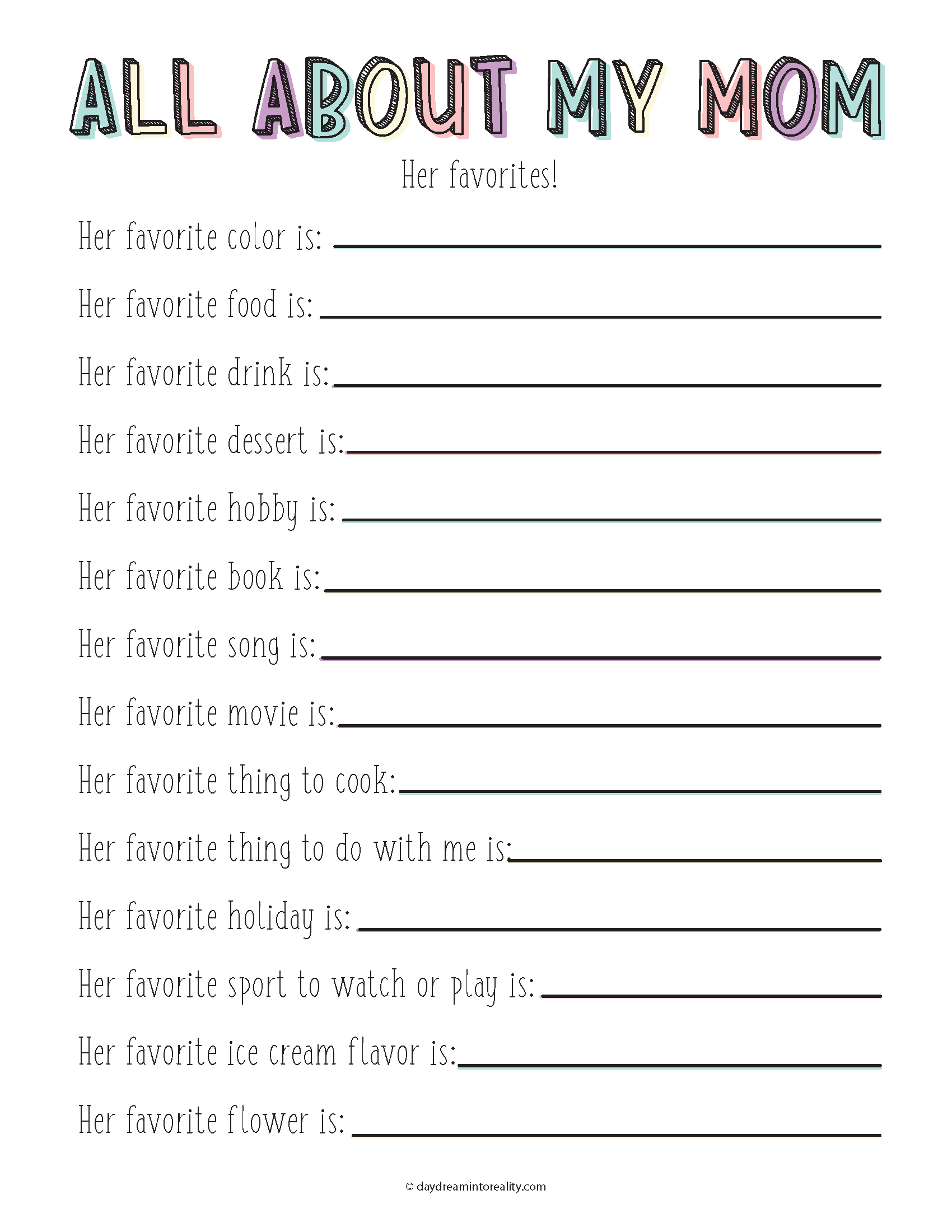 All About My Mom Free PDF Printable Daydream Into Reality
