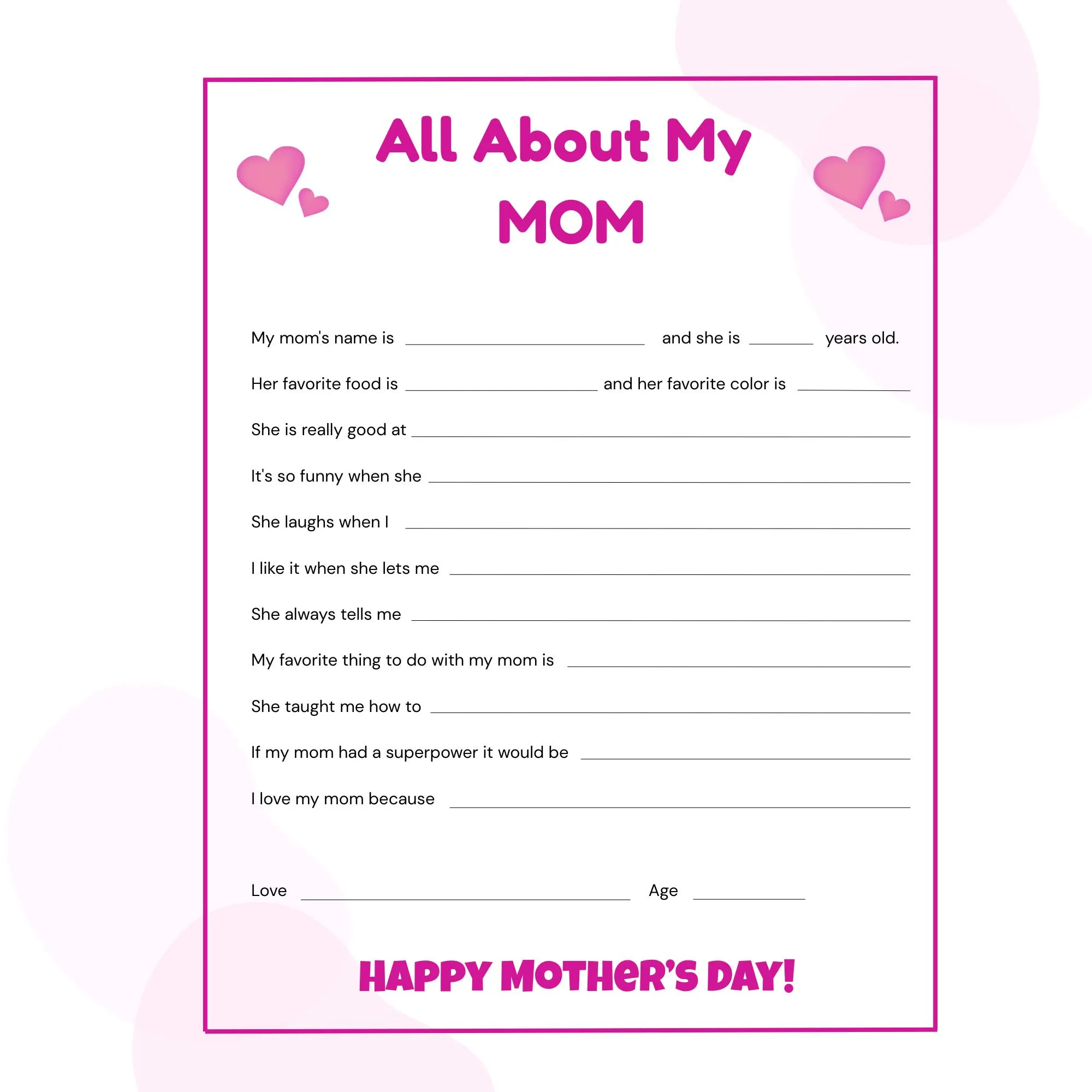 All About My Mom Printable Mother s Day Questionnaire Instant Download Fill in the blank Gift From Kids Etsy