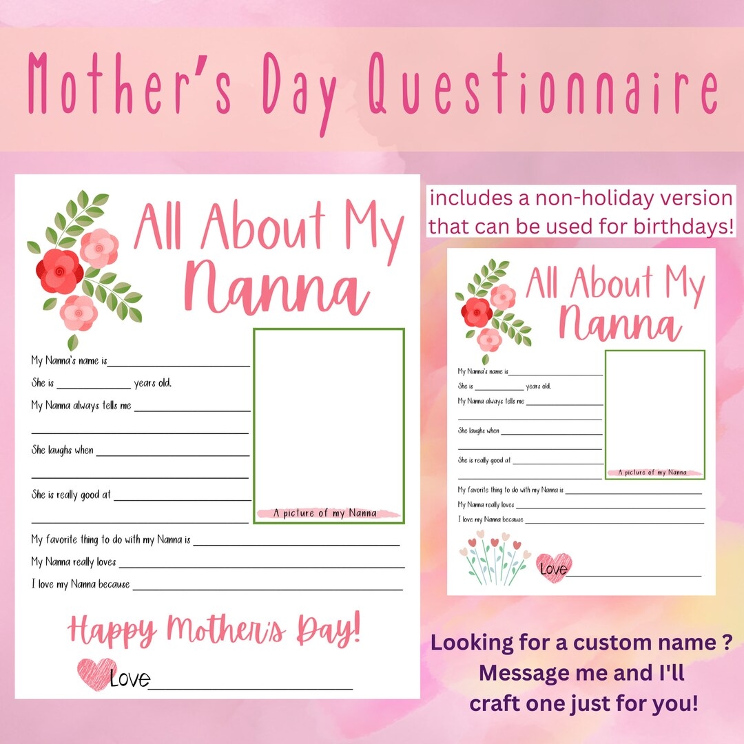 All About My Nanna Mother s Day Questionnaire Grandma Survey Questions Fill In The Blanks Printable Gift From Kids Nana Toddler Etsy