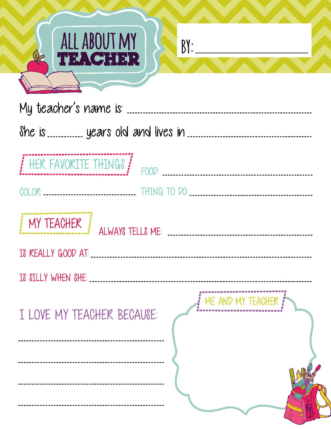 All About My Teacher Questionnaire Printables Teacher Appreciation Week Questionnaire DIY Printable Instant Download Etsy