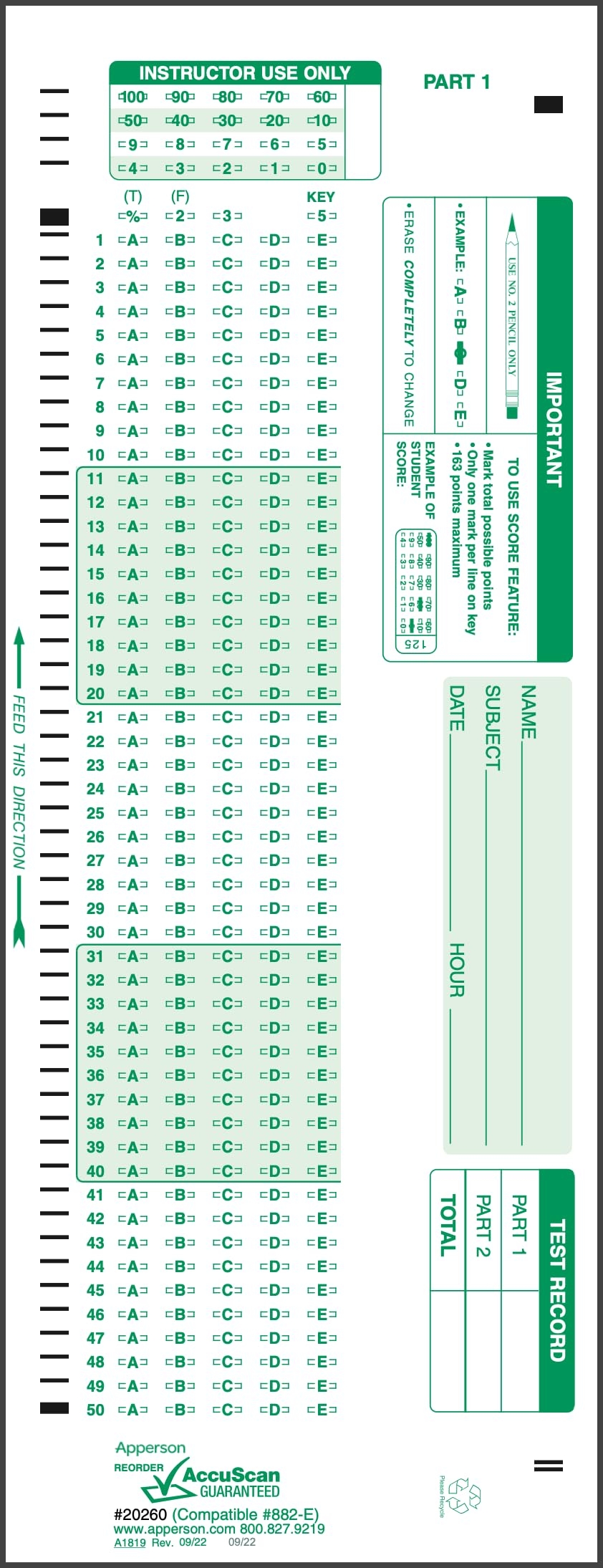 Amazon Apperson 20260 882 E Compatible Answer Sheet 50 Pack Office Products