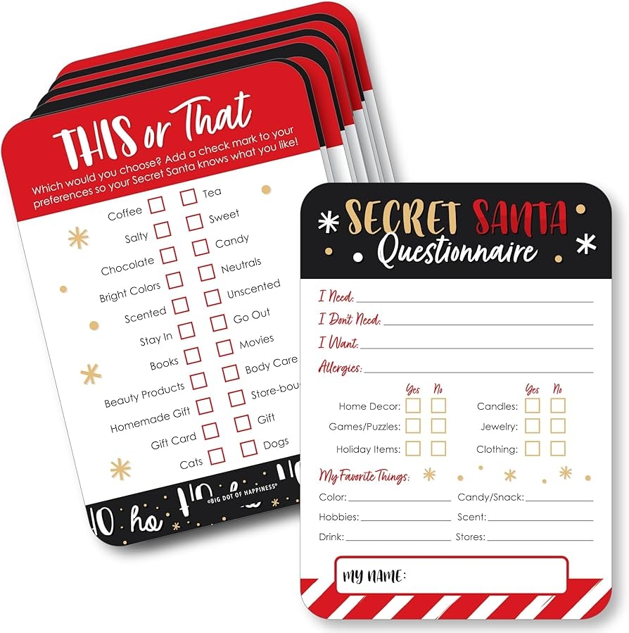 Amazon Big Dot Of Happiness Secret Santa Fill In Questionnaire Form Christmas Gift Exchange Party Cards Activity Duo Games Set Of 20 Home Kitchen