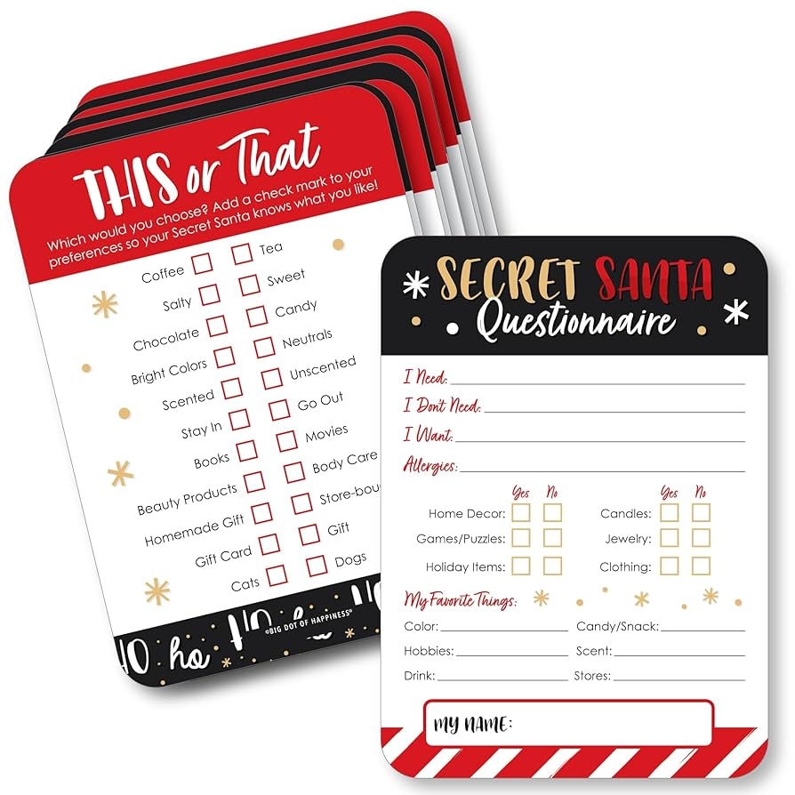 Amazon Big Dot Of Happiness Secret Santa Fill In Questionnaire Form Christmas Gift Exchange Party Cards Activity Duo Games Set Of 20 Home Kitchen