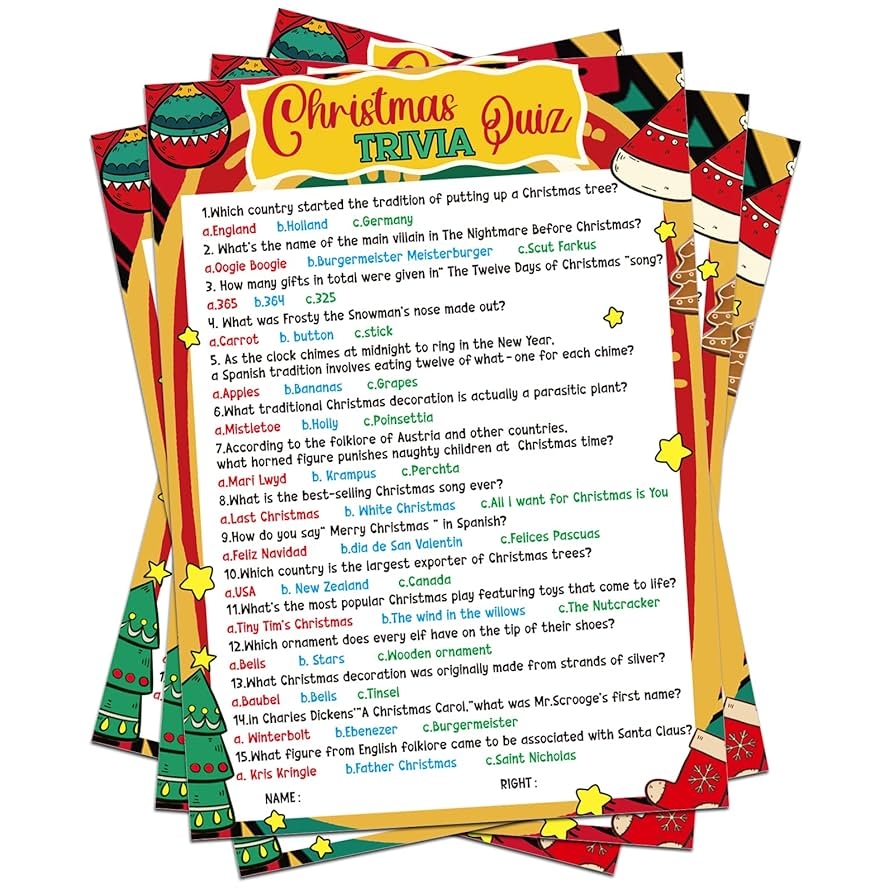 Amazon FLYAB 25 Pack Christmas Trivia Game Cards For Adults Xmas Festival Guessing Activity Holiday Games Trivia Cards Christmas Vacation Game For Adults Kids Families Groups Christmas Party Supplies Home 